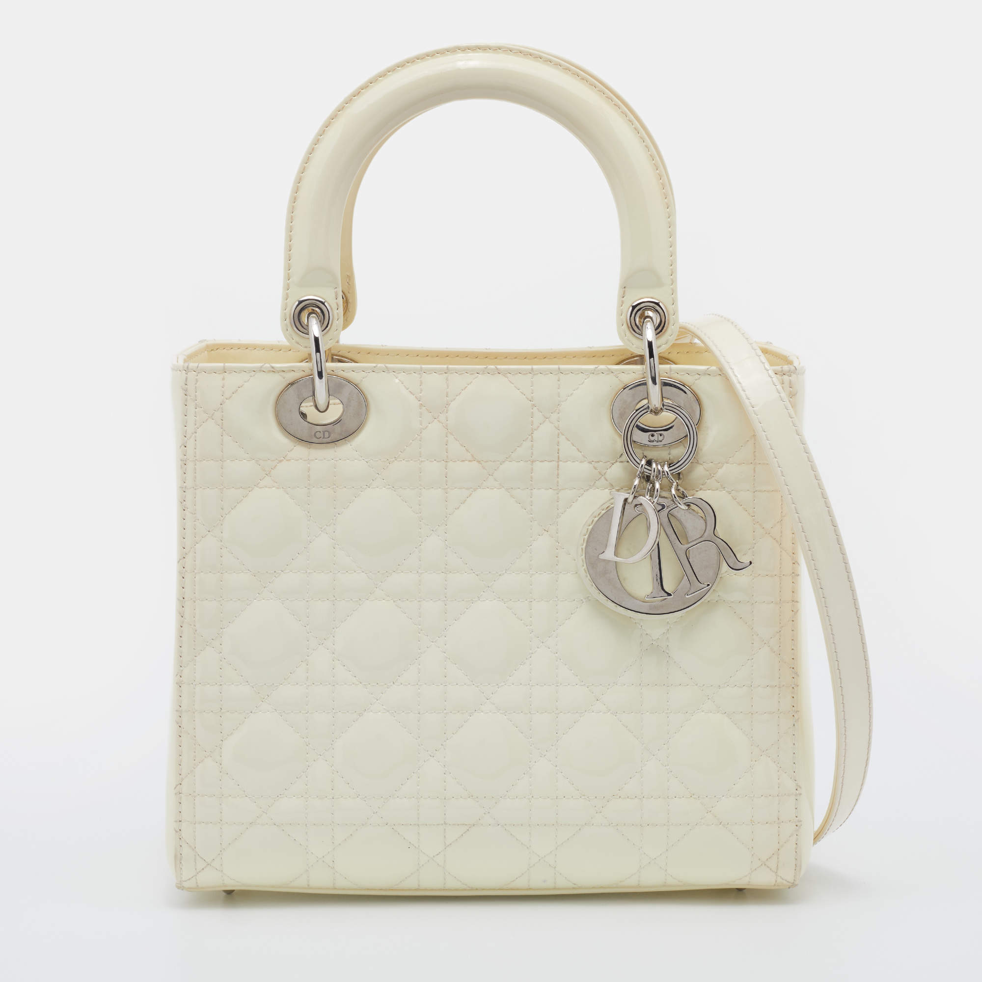 Pre Owned Dior Cream Cannage Patent Leather Medium Lady Dior Tote 