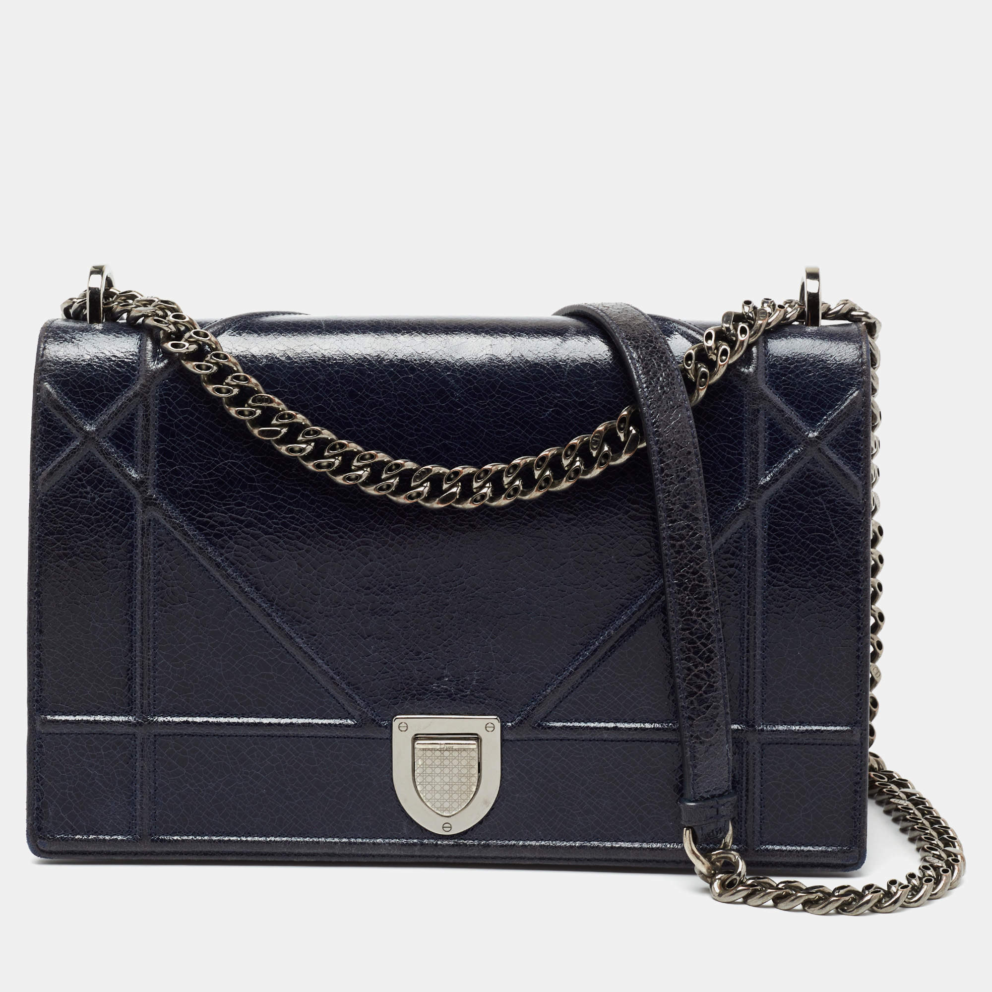 Pre Owned Dior Blue Crackled Patent Leather Large Diorama Shoulder Bag