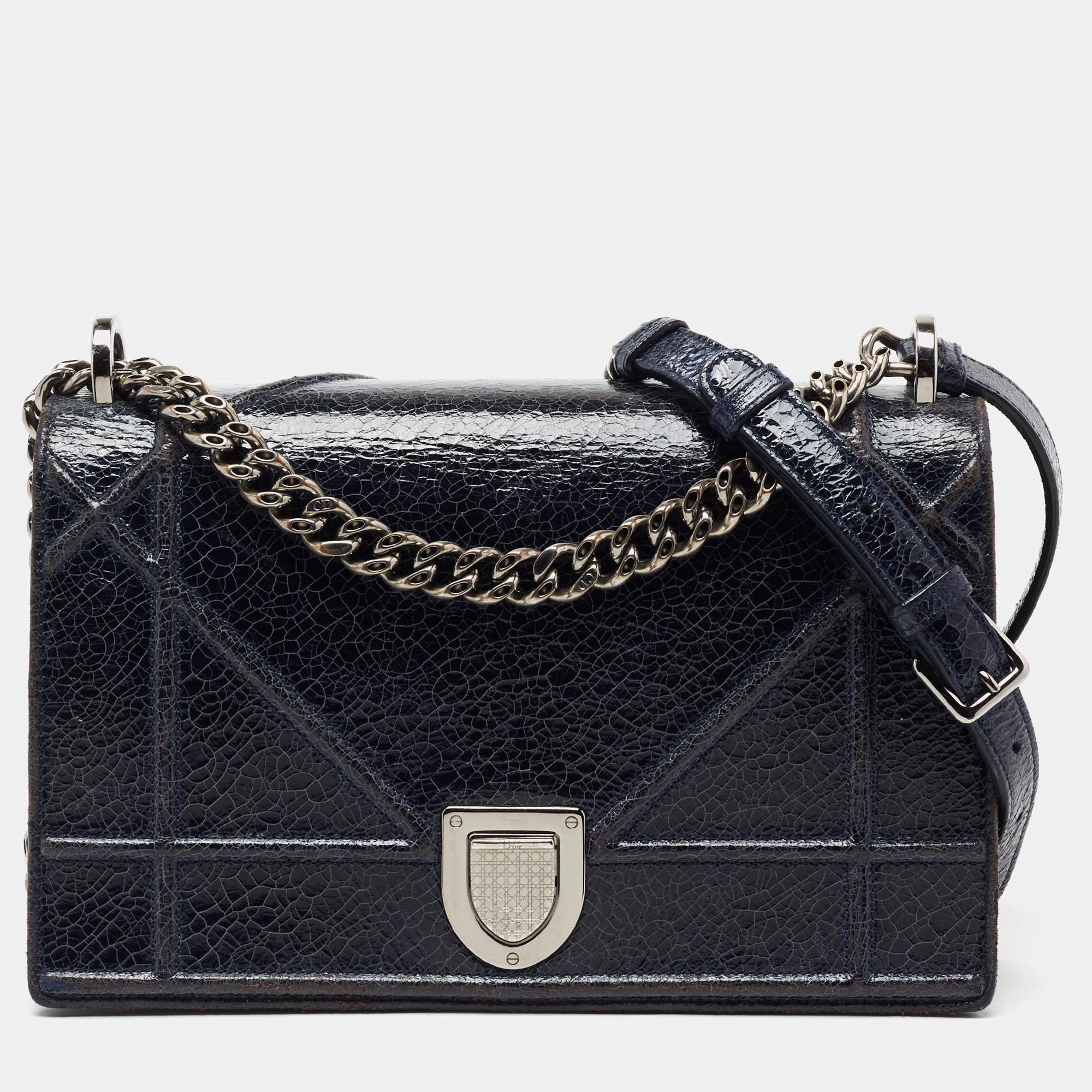 Pre Owned Dior Blue Crackled Patent Leather Medium Diorama Shoulder Bag