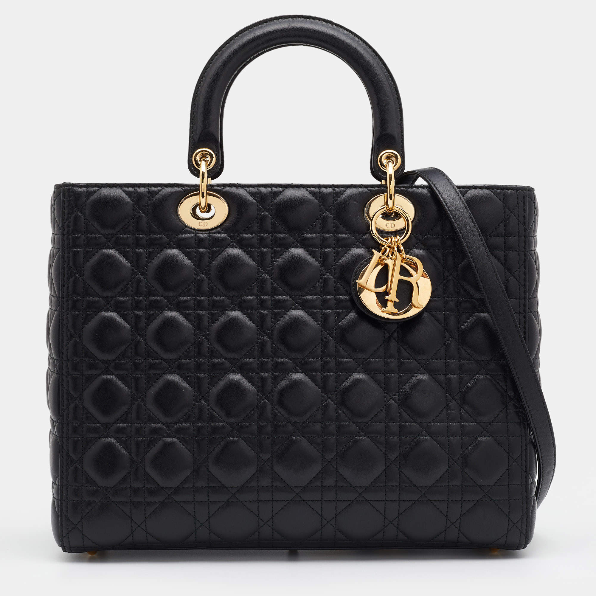 مملوكة مسبقًا حقيبة يد توتس ديور ليدي ديور جلد كاناج أسود كبيرة