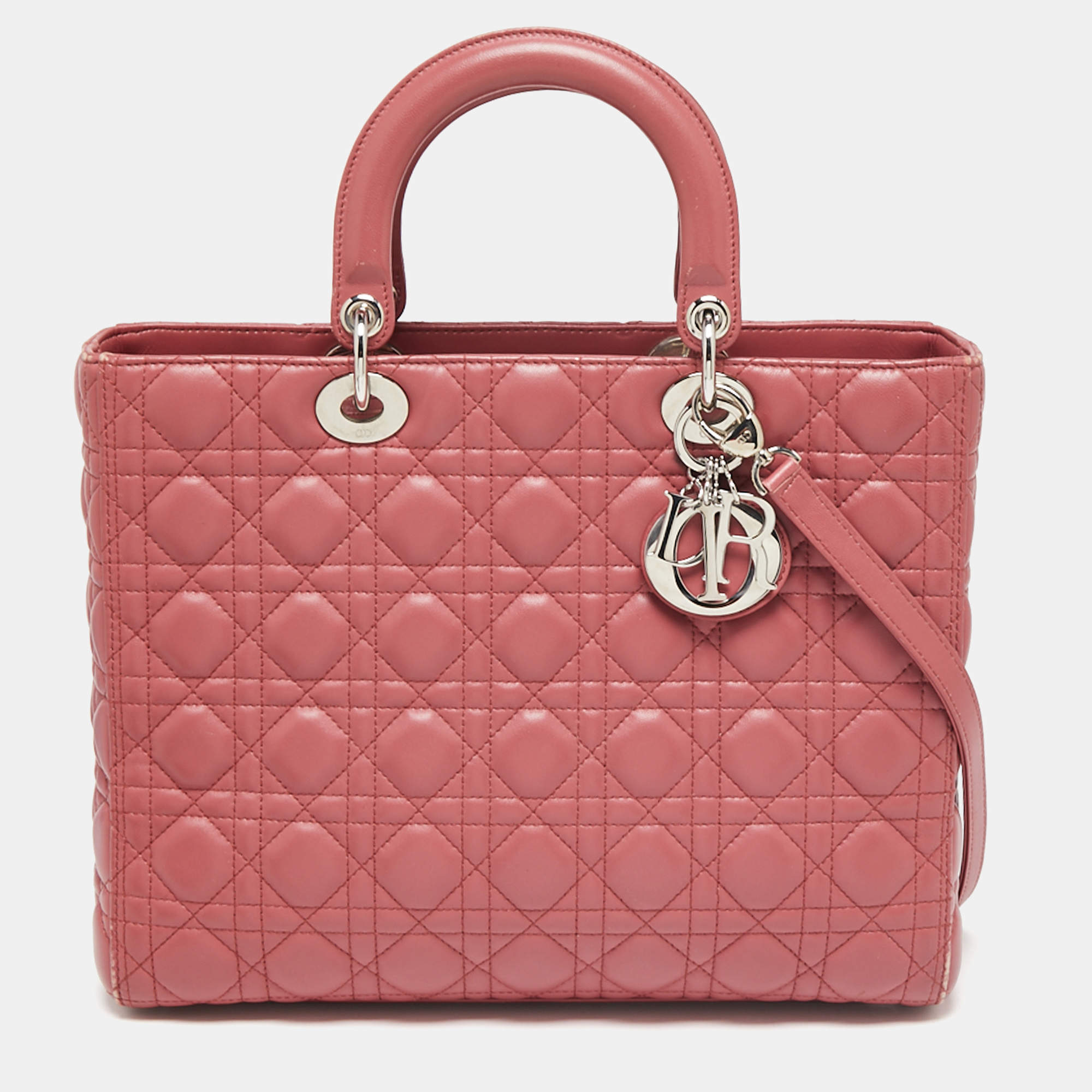 Pre Owned Dior Dusty Pink Cannage Leather Large Lady Dior Tote