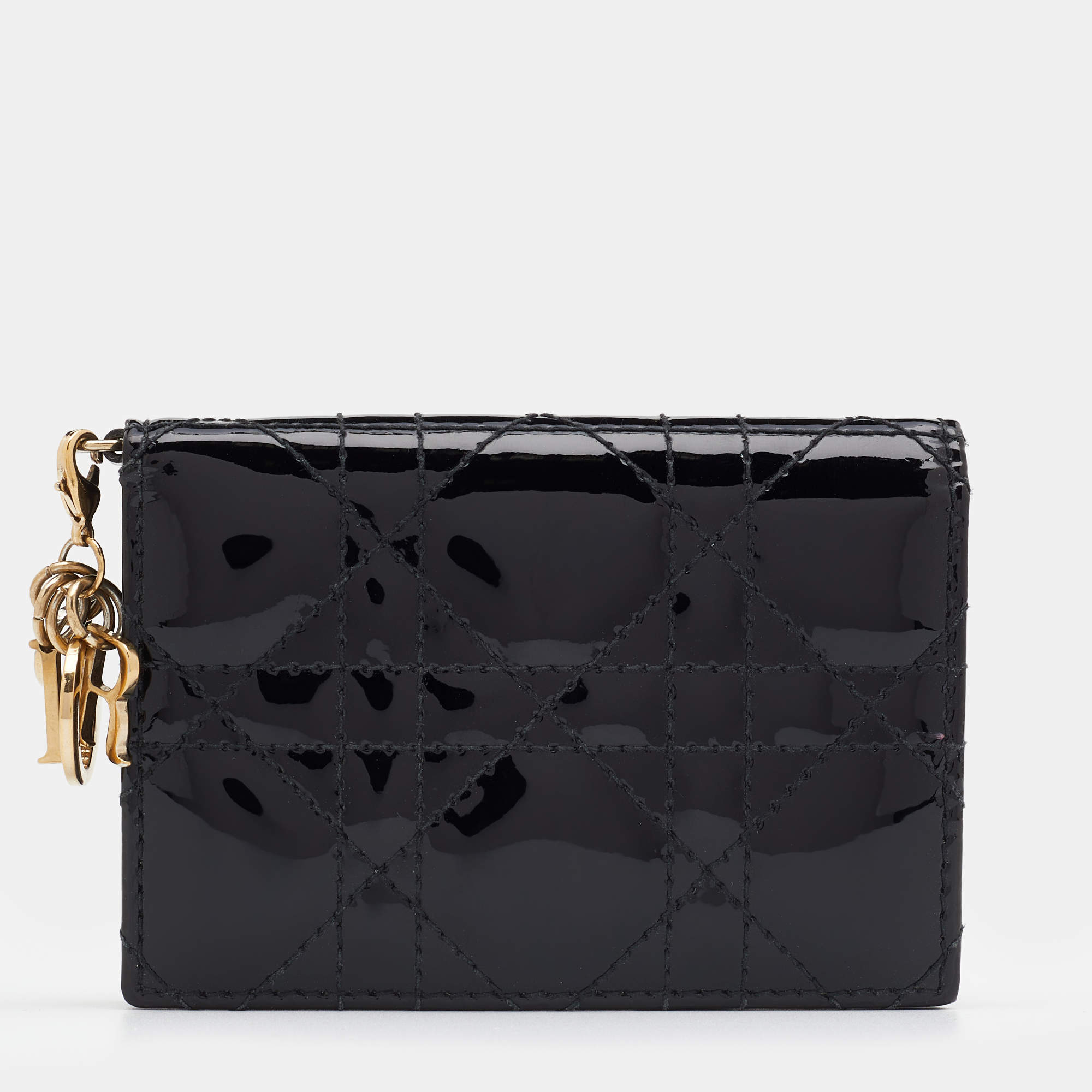 Pre Owned Dior Black Cannage Patent Leather Lady Dior Card Holder