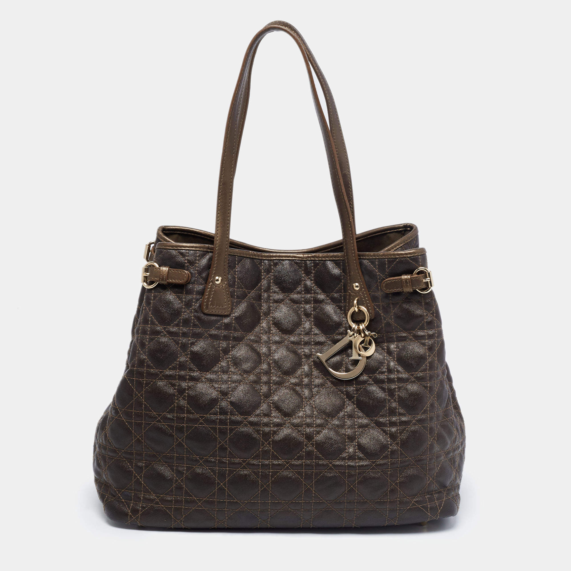 Pre Owned Dior Metallic Brown Cannage Coated Canvas Medium Panarea Tote