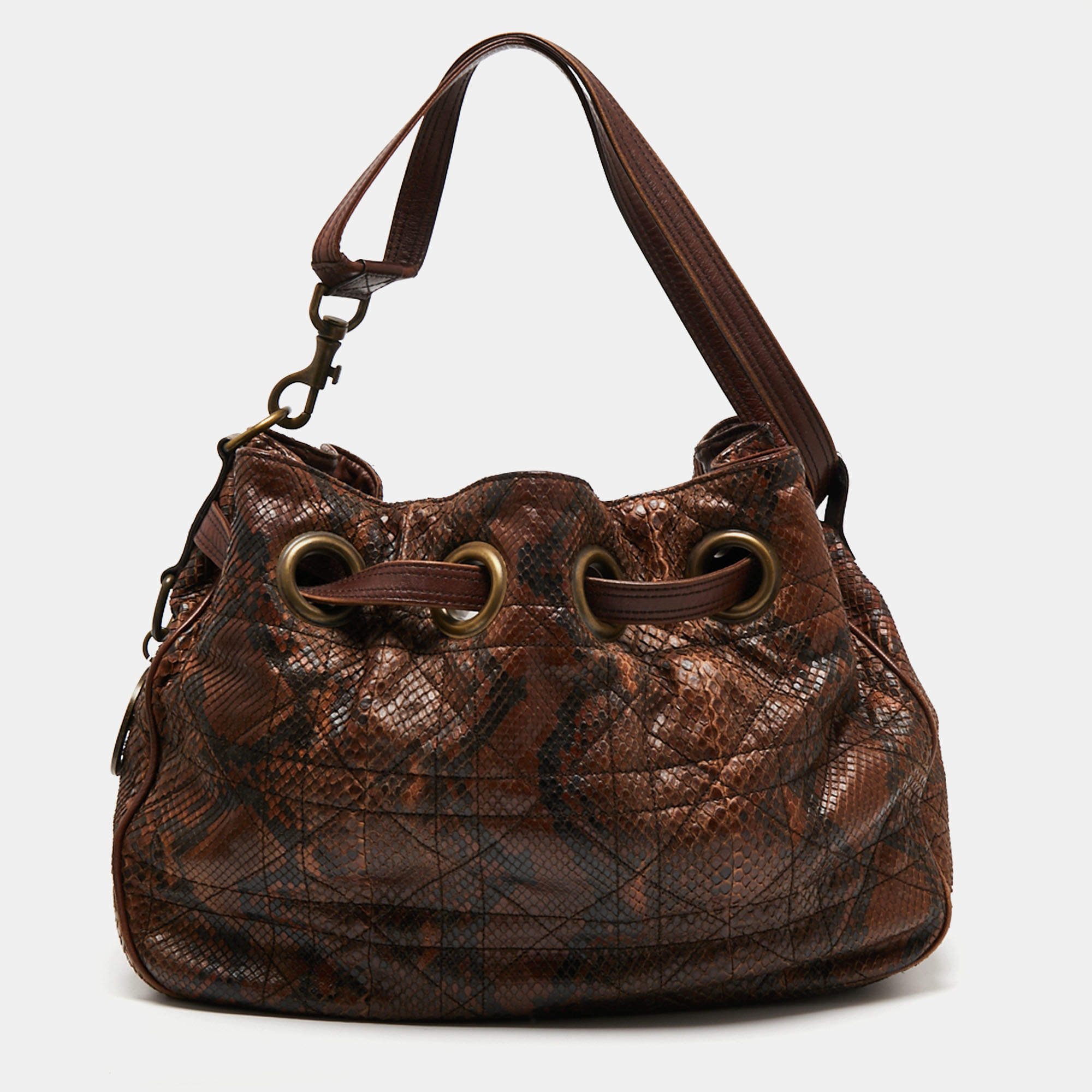 Pre Owned Dior Brown Python Cannage Drawstring Bag