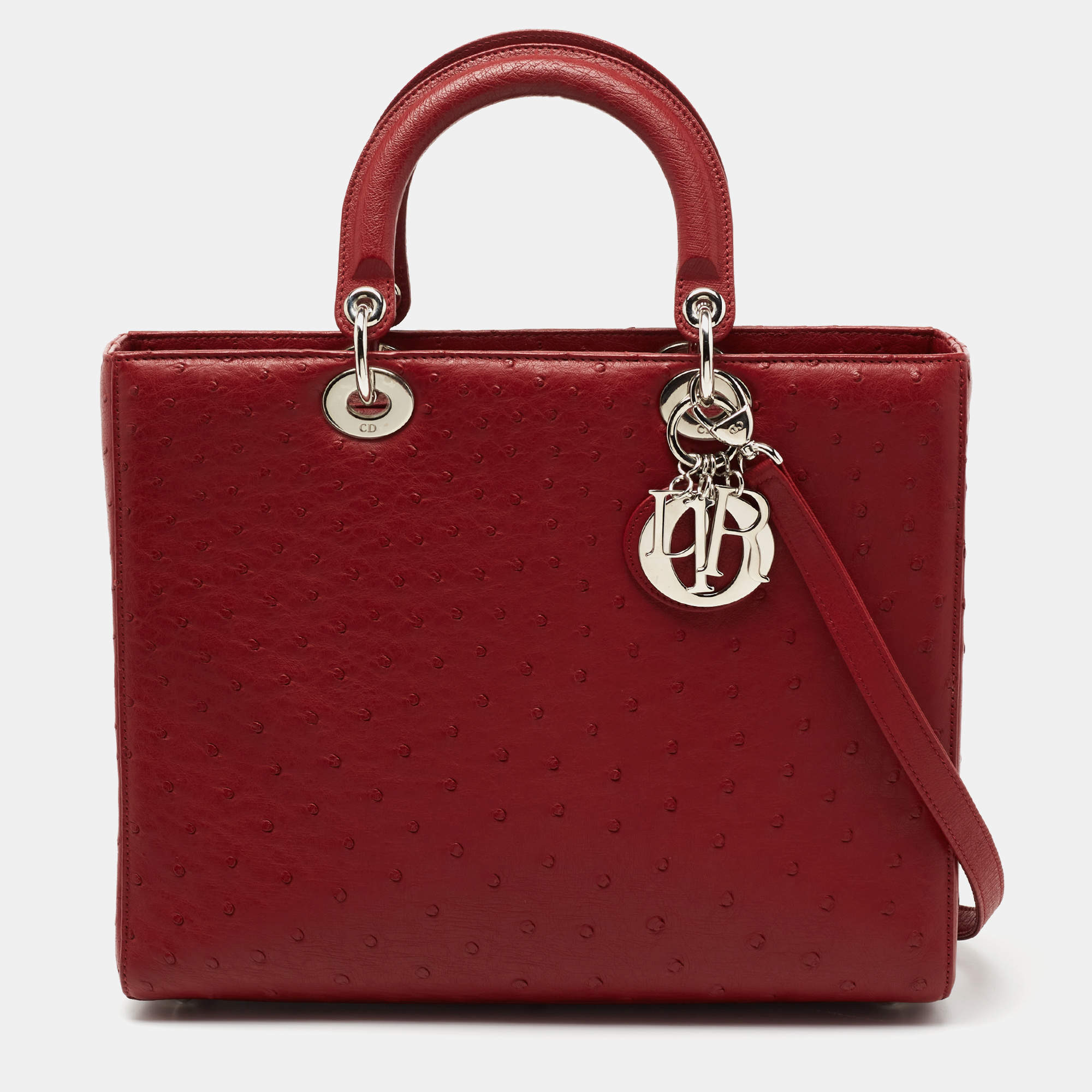 Pre Owned Dior Brick Red Ostrich Large Lady Dior Tote