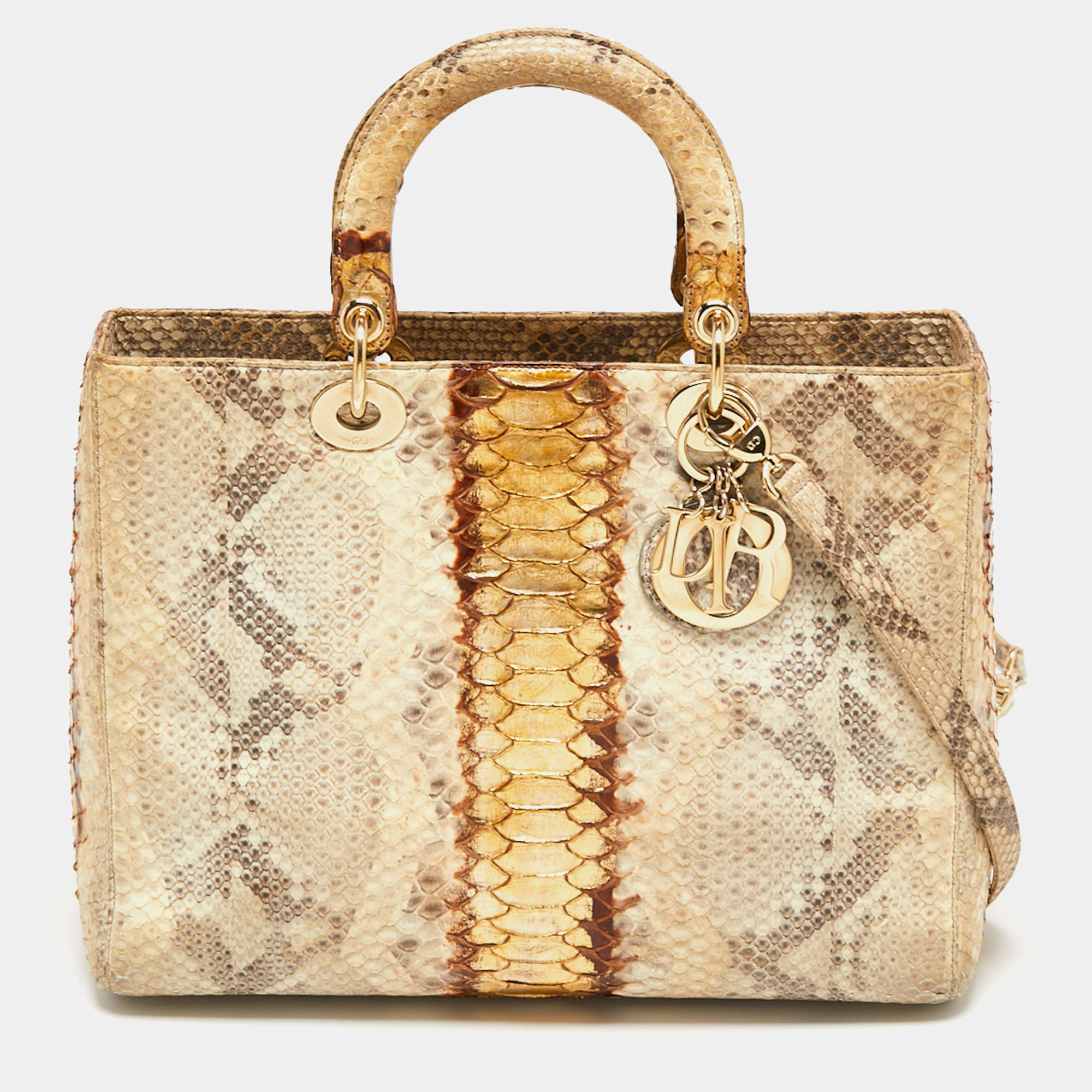 Pre Owned Dior Beige/Gold Python Large Lady Dior Tote