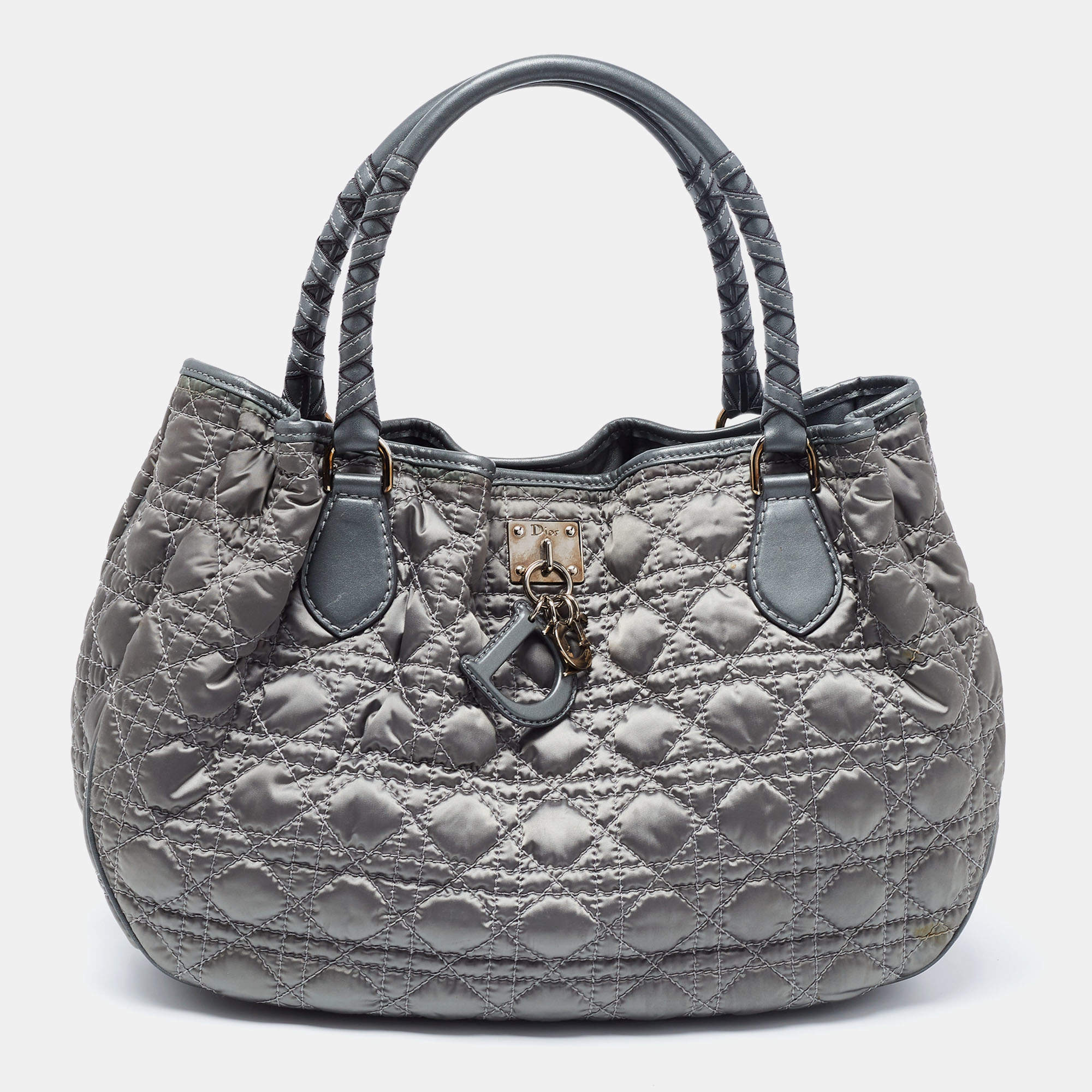 Pre Owned Dior Green Cannage Quilted Satin and Leather Charming Hobo