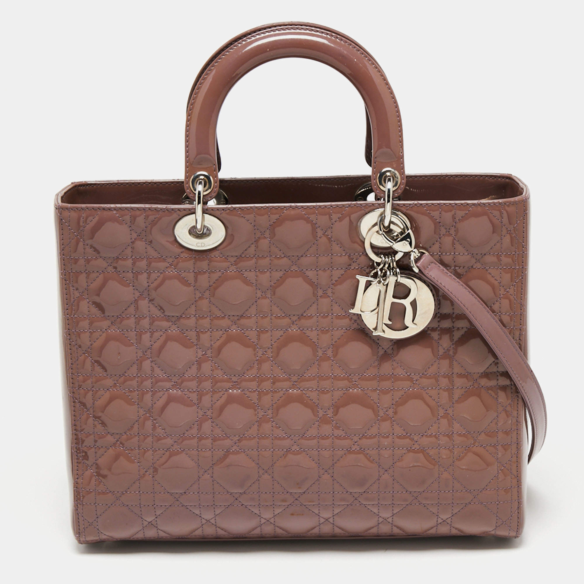 Pre Owned Dior Old Rose Cannage Patent Leather Large Lady Dior Tote