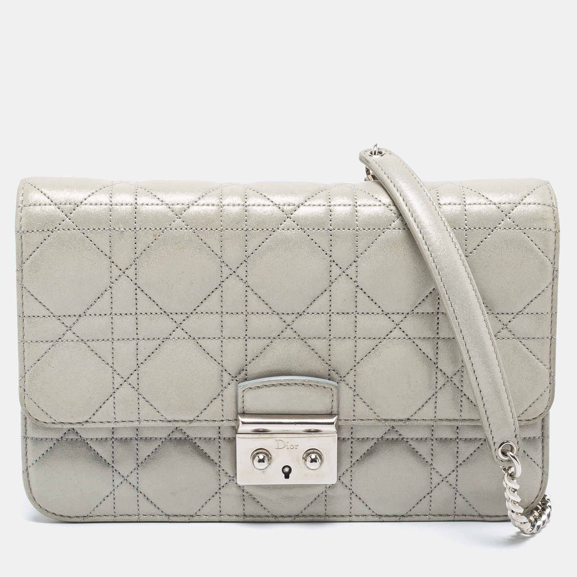 Pre Owned Dior Metallic Silver Leather Miss Dior Promenade Chain Bag