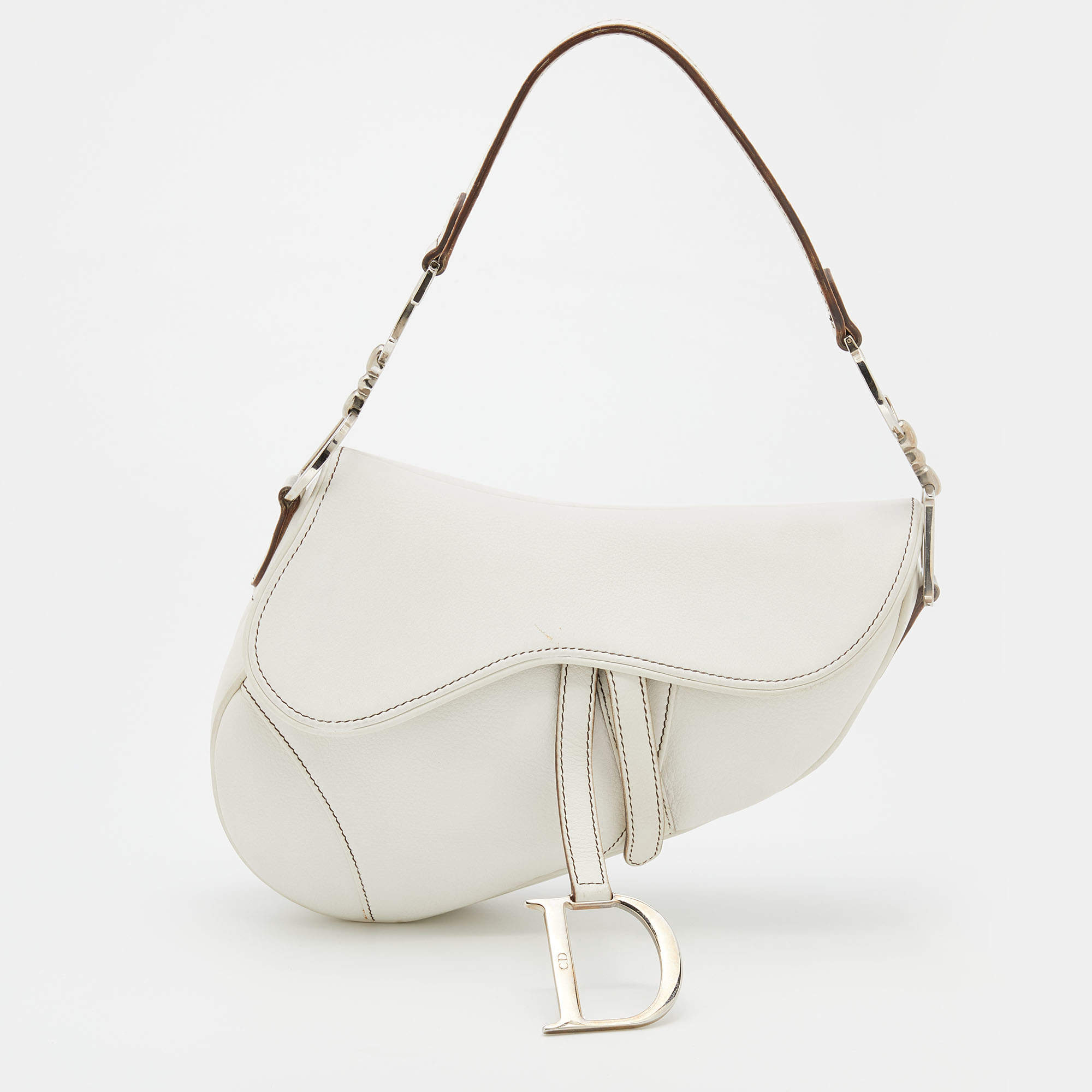 Pre Owned Dior White Leather Saddle Bag