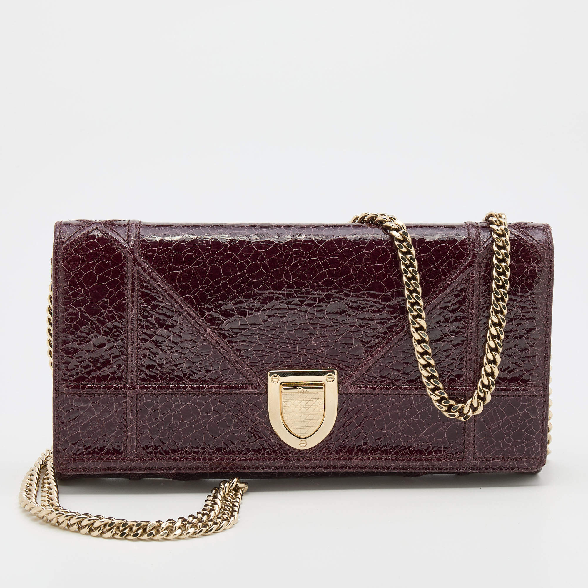 Dior Maroon Crinkled Leather Diorama Wallet On Chain