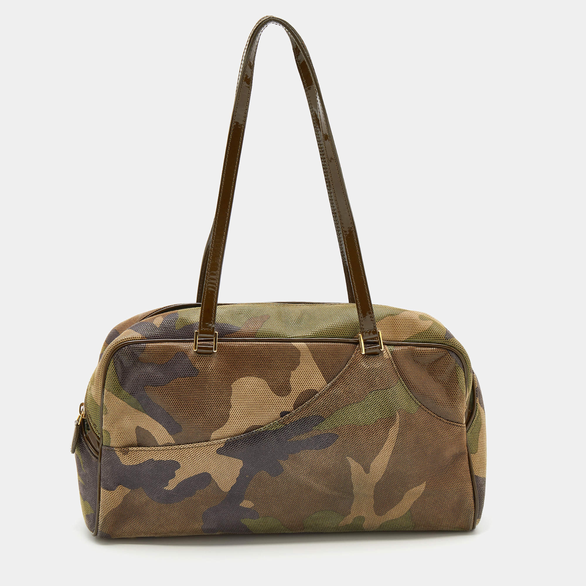 Pre Owned Dior Multicolor Camouflage Print Suede and Patent Leather Satchel
