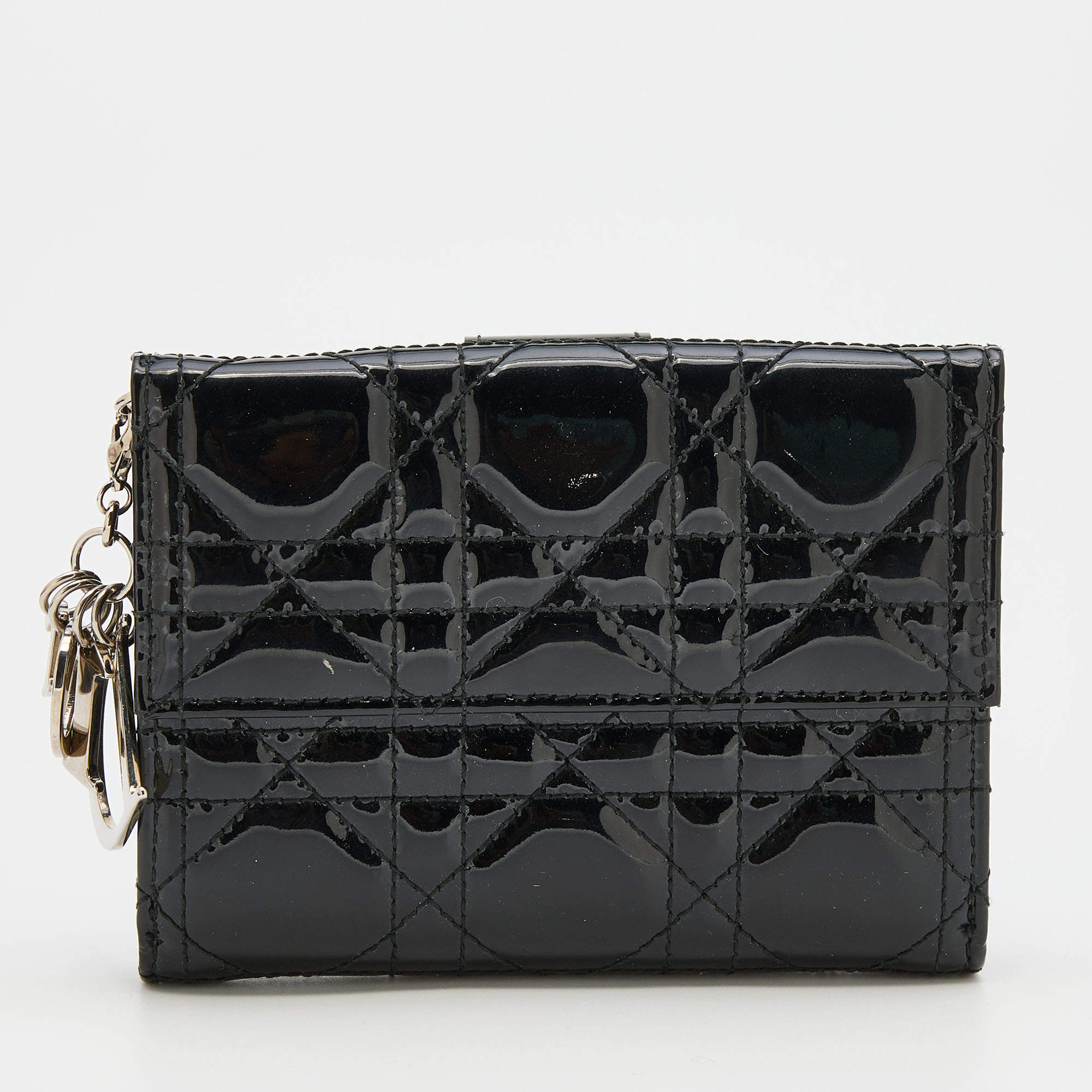 Pre Owned Dior Black Cannage Patent Leather Lady Dior Compact Wallet