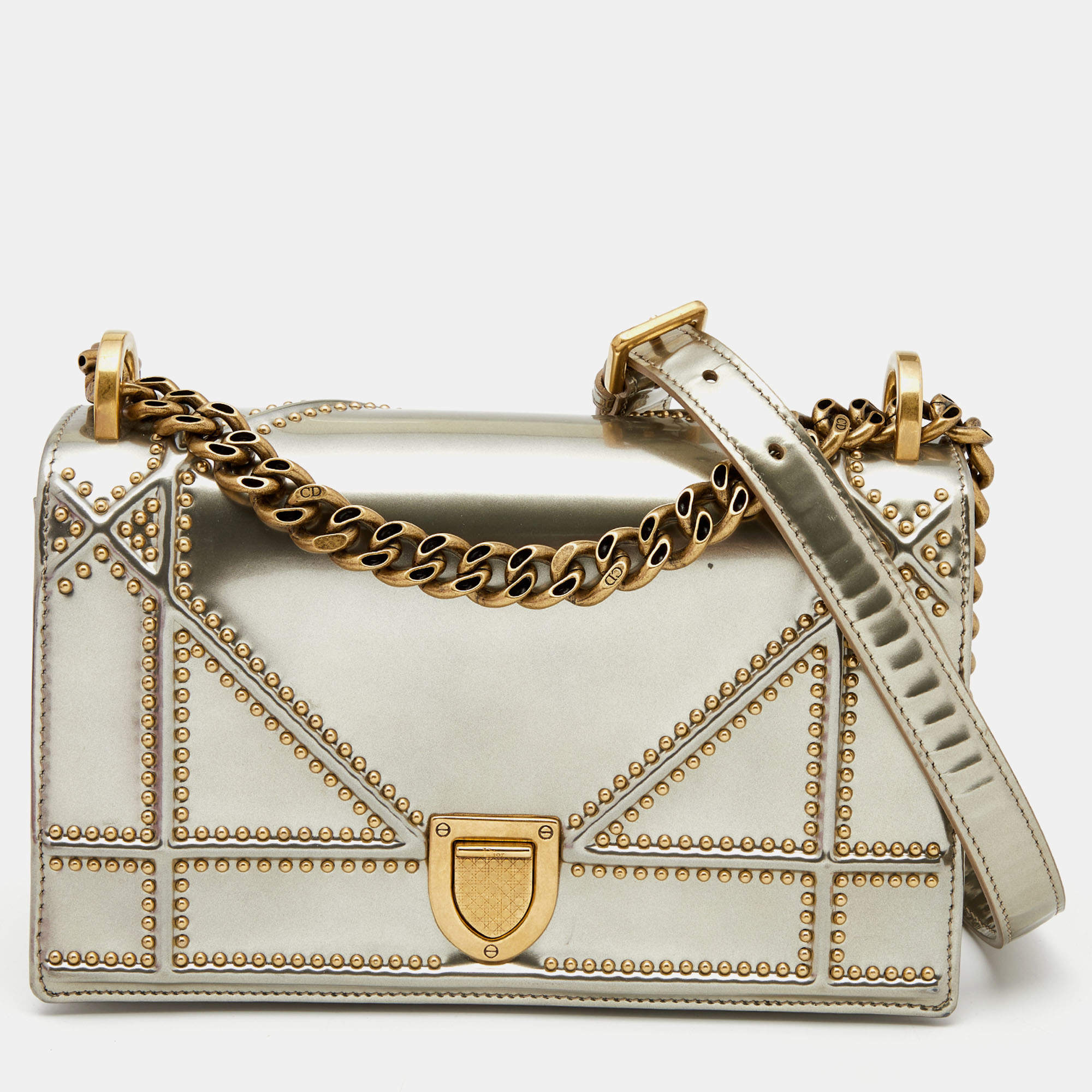 Dior Metallic Silver/Gold Studded Patent Leather Small Diorama