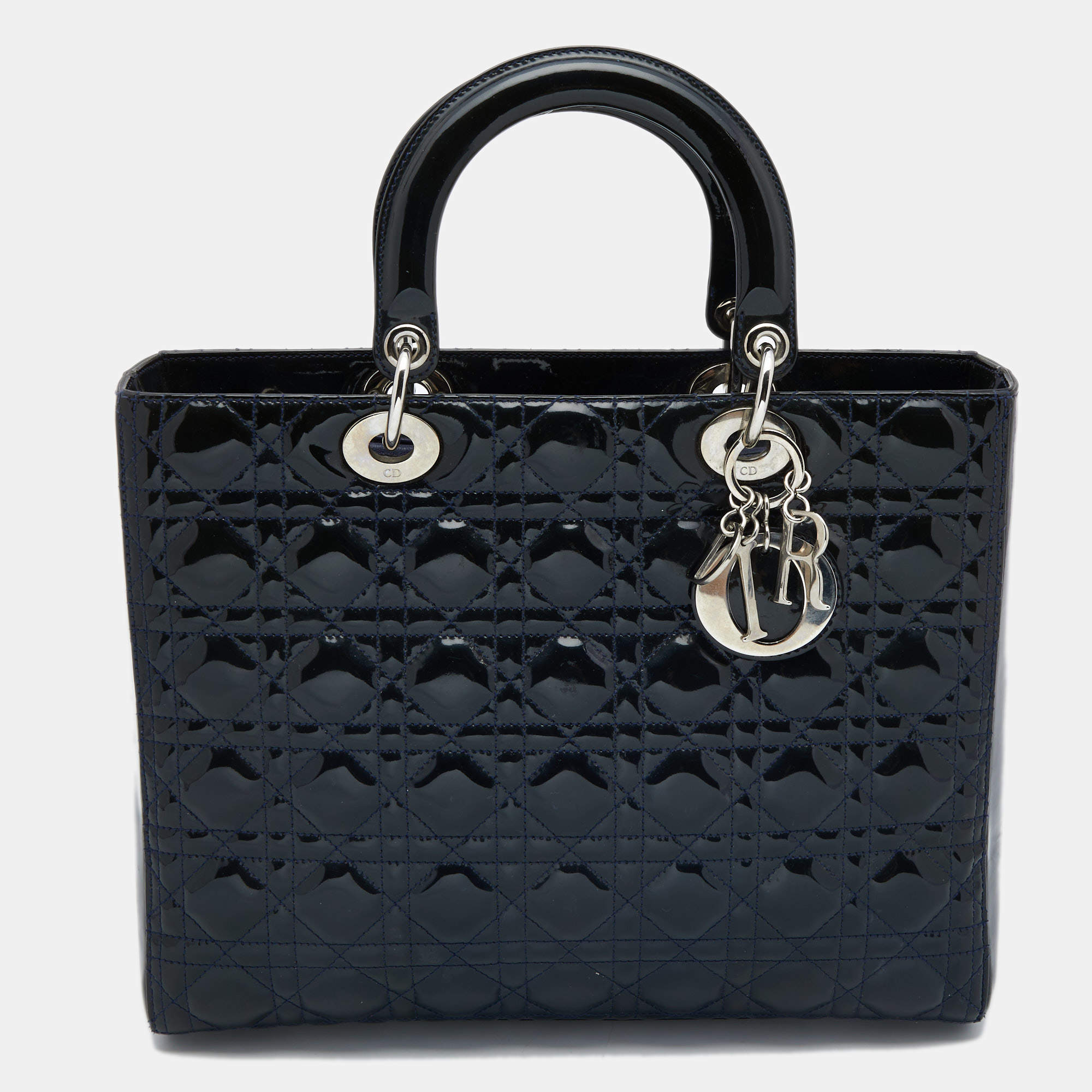 Pre Owned Dior Navy Blue Cannage Patent Leather Large Lady Dior Tote