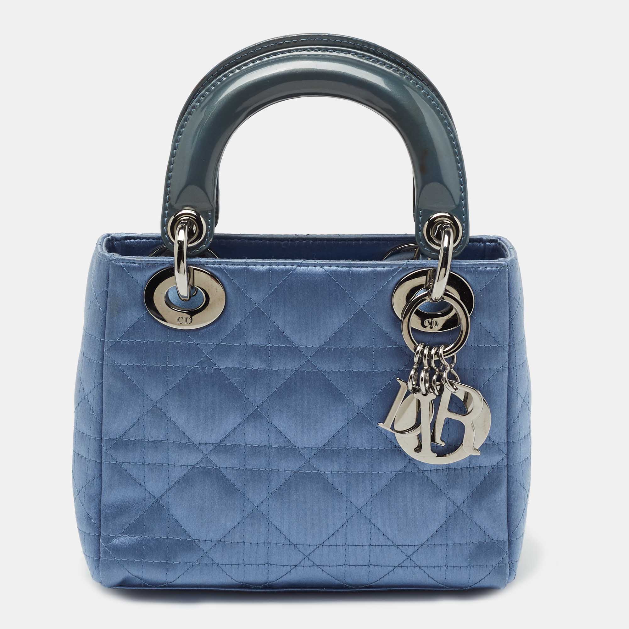 Pre Owned Dior Blue Cannage Satin and Patent Leather Mini Lady Dior Tote