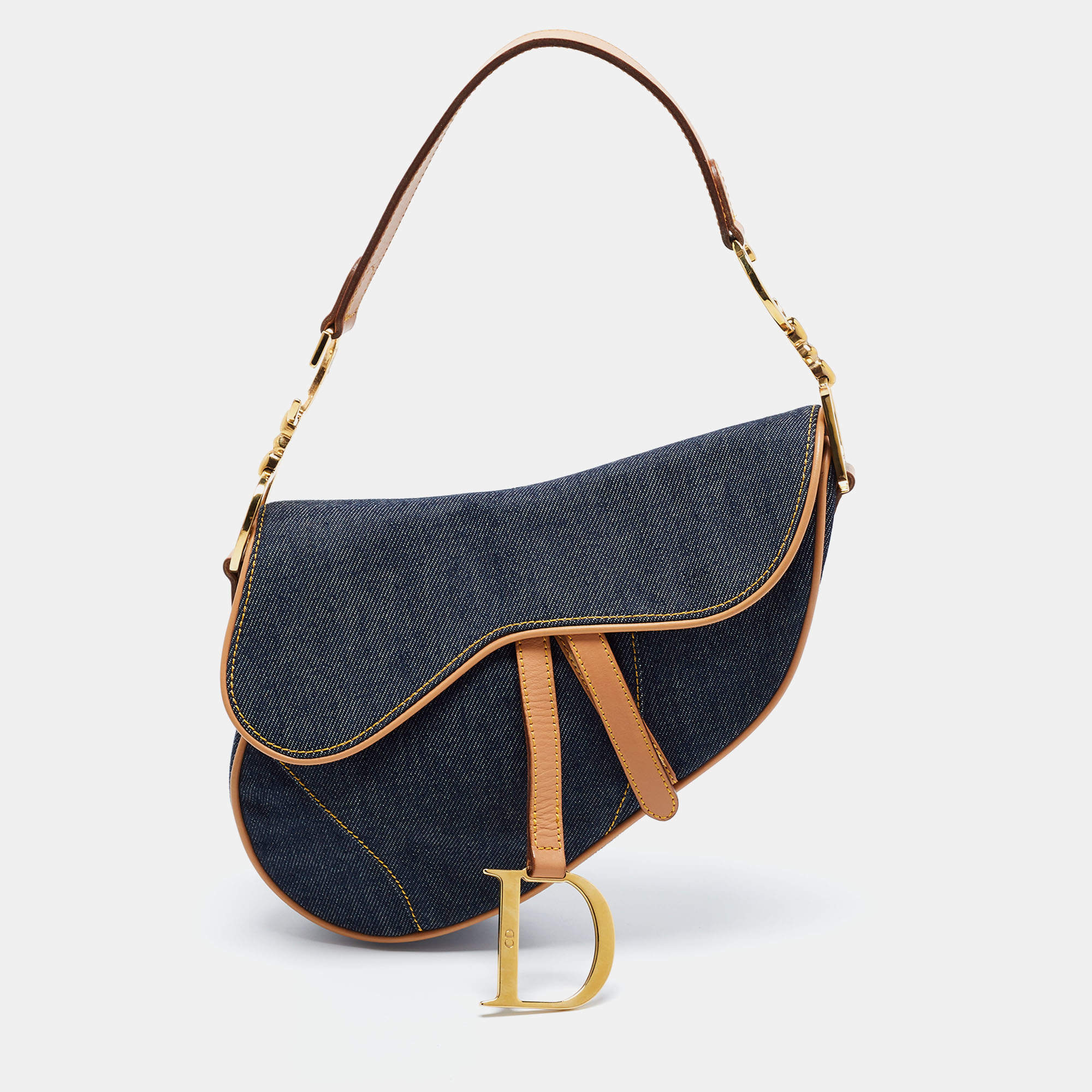 Pre Owned Dior Blue/Beige Denim and Leather Saddle Bag