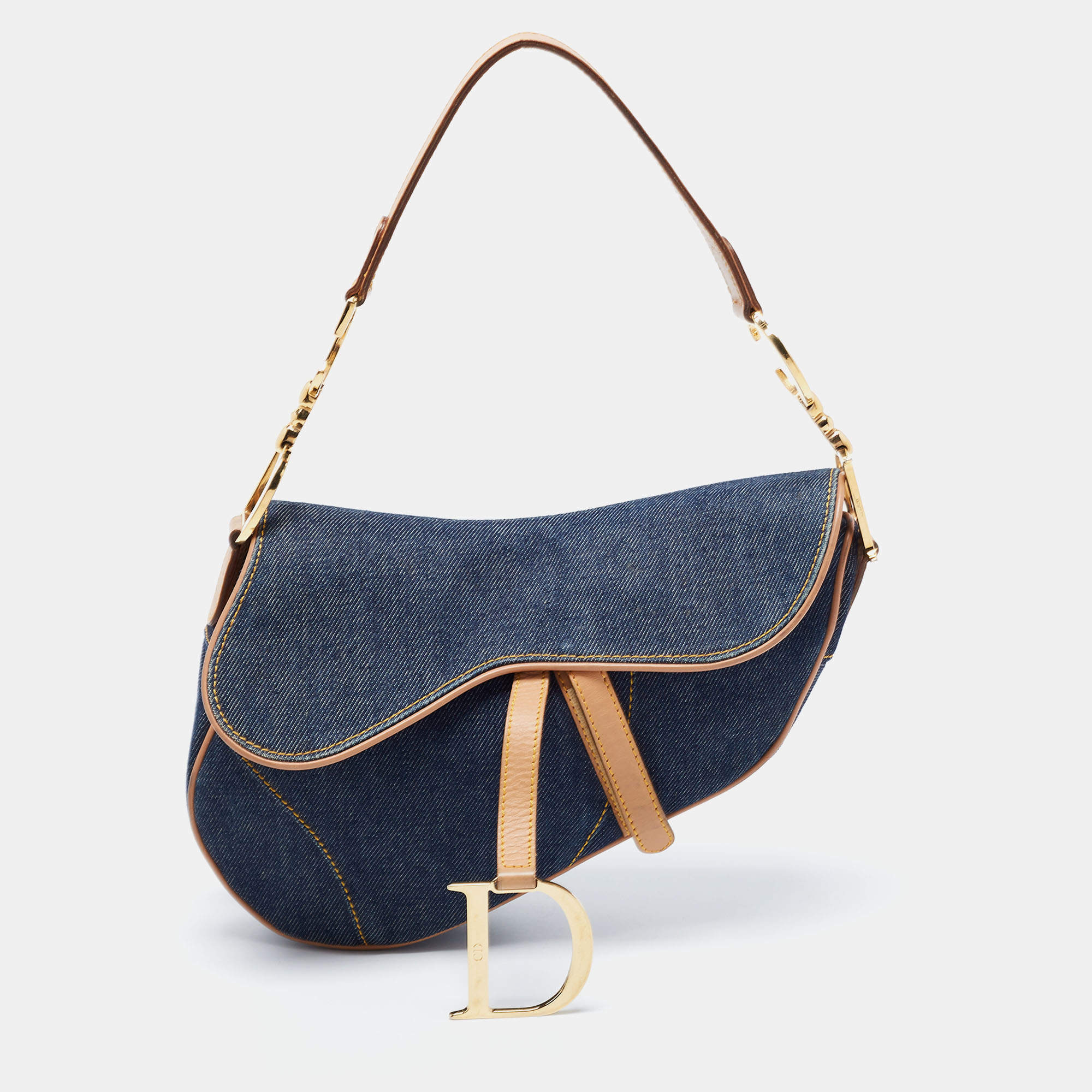 Pre Owned Dior Blue/Beige Denim and Leather Saddle Bag