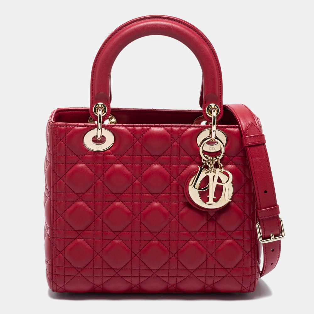 Pre Owned Dior Red Cannage Leather Medium Lady Dior Tote