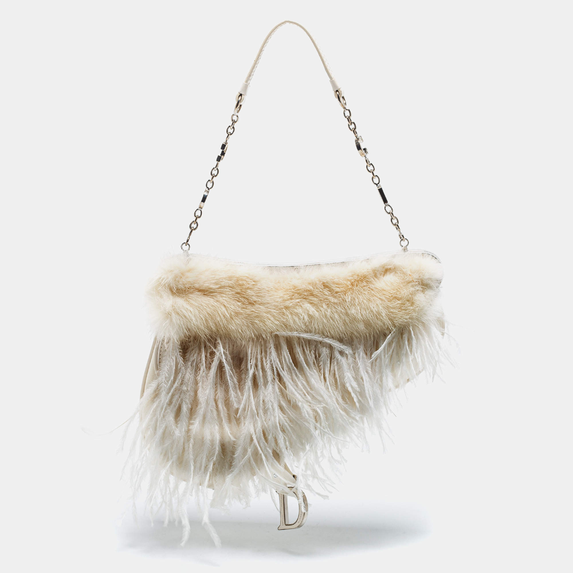 Pre Owned Dior White Satin and Feather Crystal Embellished Logo Mini Saddle Bag