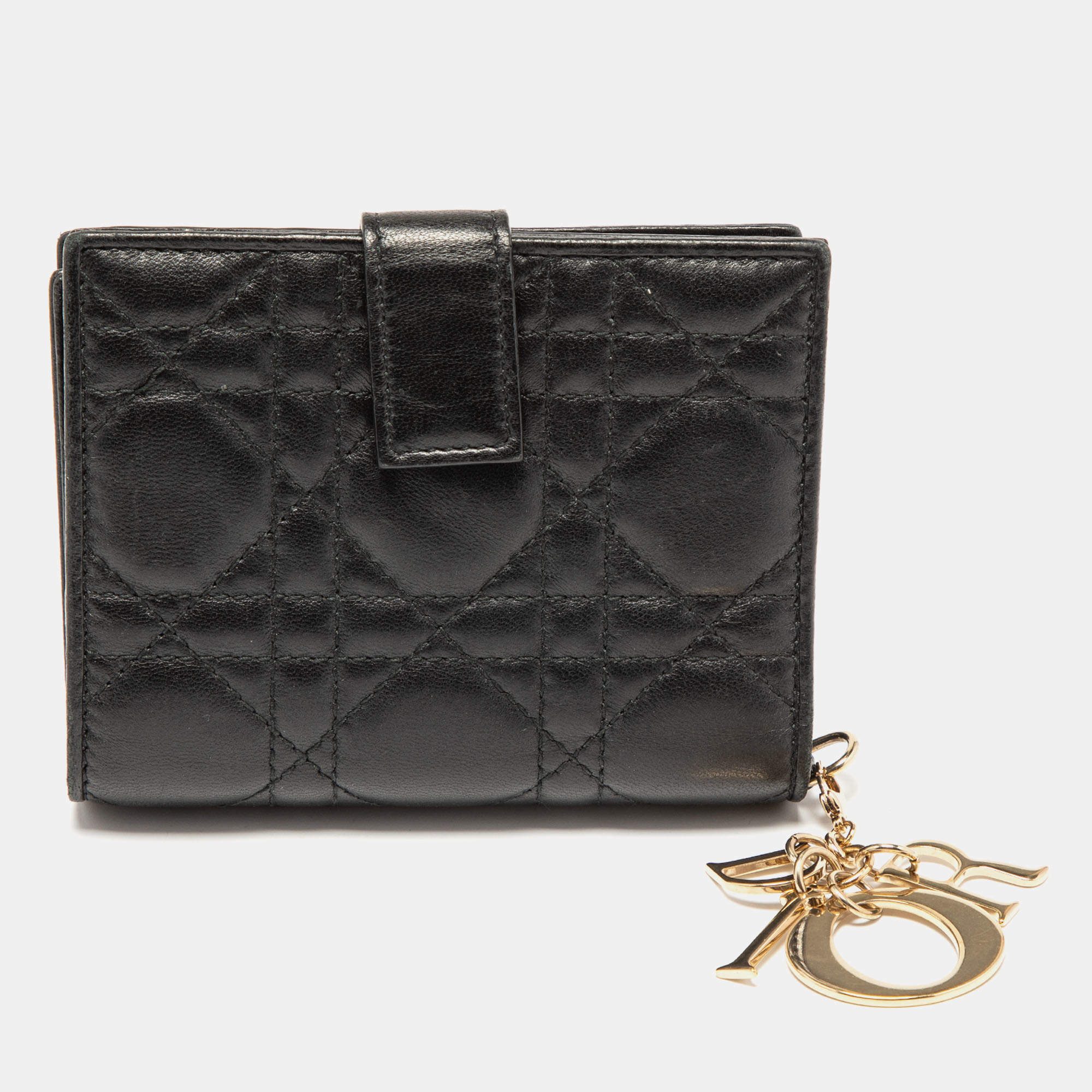 Pre Owned Dior Black Cannage Leather Lady Dior French Compact Wallet