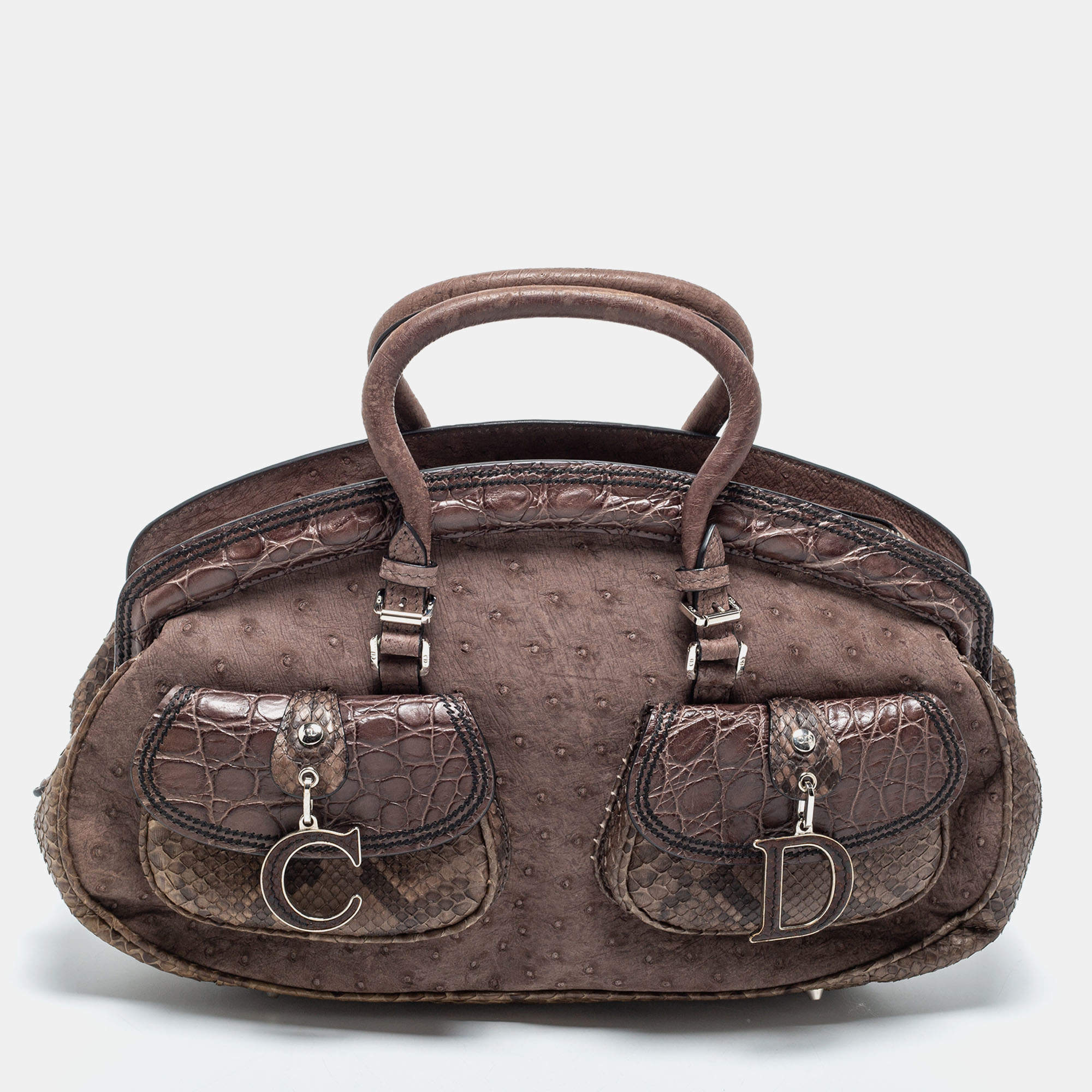 Pre Owned Dior Brown Ostrich,Croc and Snakeskin Limited Edition 0019 Detective Satchel