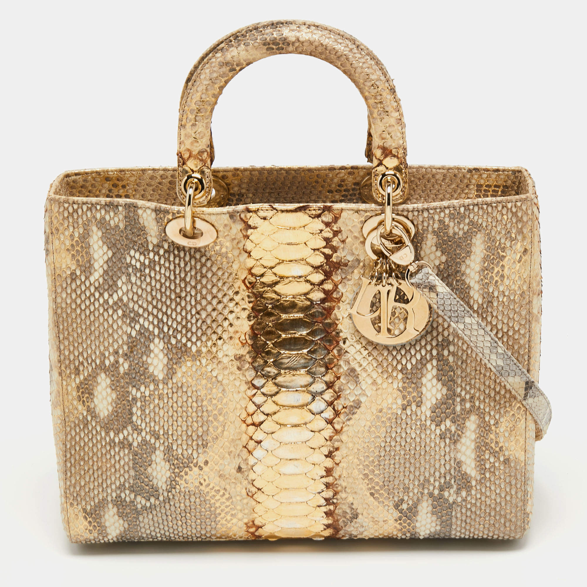 Dior Gold/Beige Python Large Lady Dior Tote