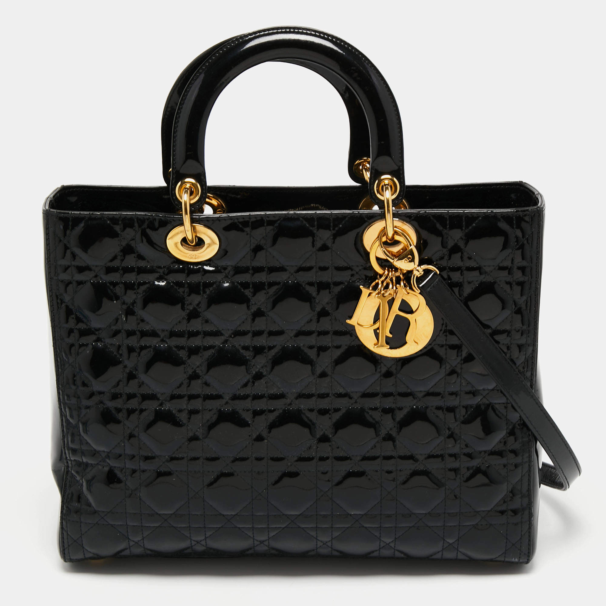 Pre Owned Dior Black Cannage Patent Leather Large Lady Dior Tote