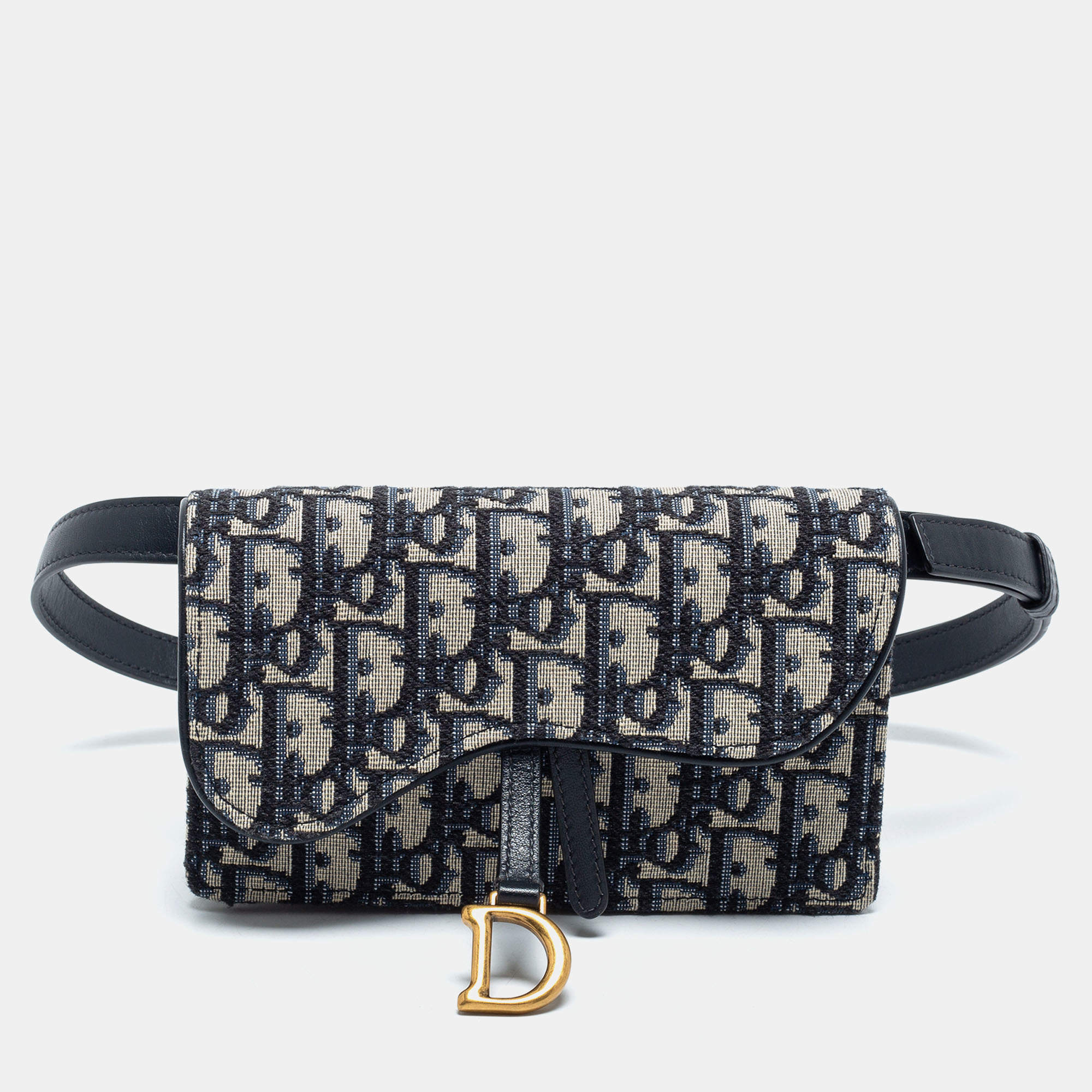 Pre Owned Dior Navy Blue Oblique Canvas and Leather Saddle Belt Bag