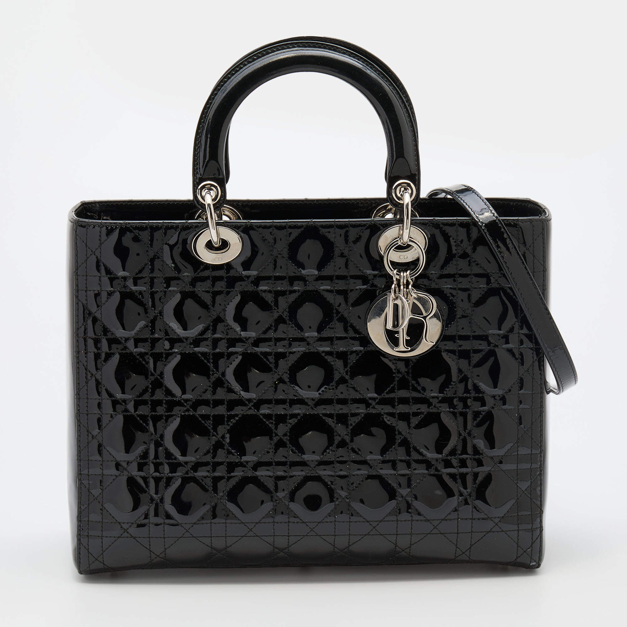 Pre Owned Dior Black Cannage Patent Leather Large Lady Dior Tote