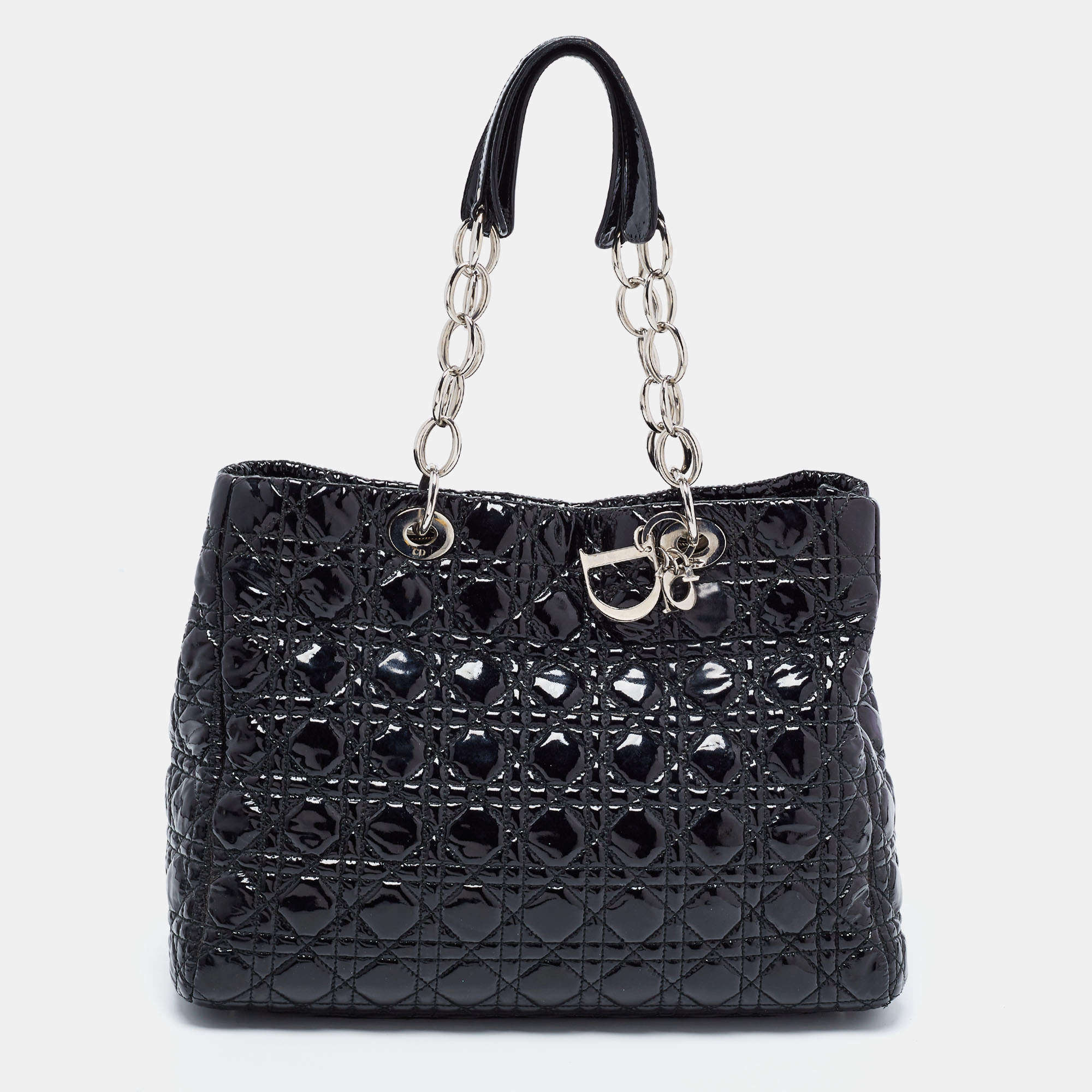 Dior Black Cannage Patent Leather Lady Dior Shopper Tote