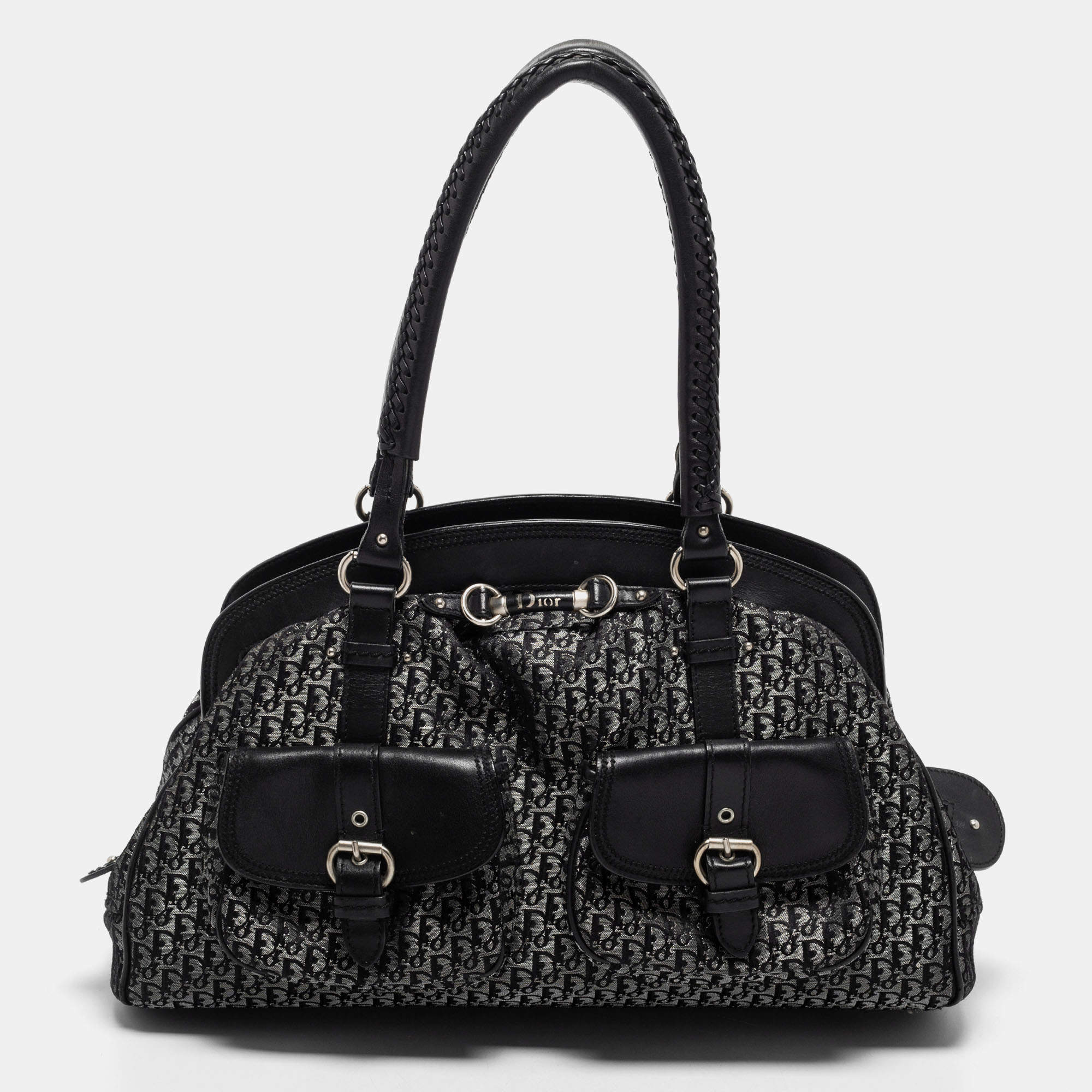 Pre Owned Dior Black Oblique Fabric and Leather Detective Frame Satchel