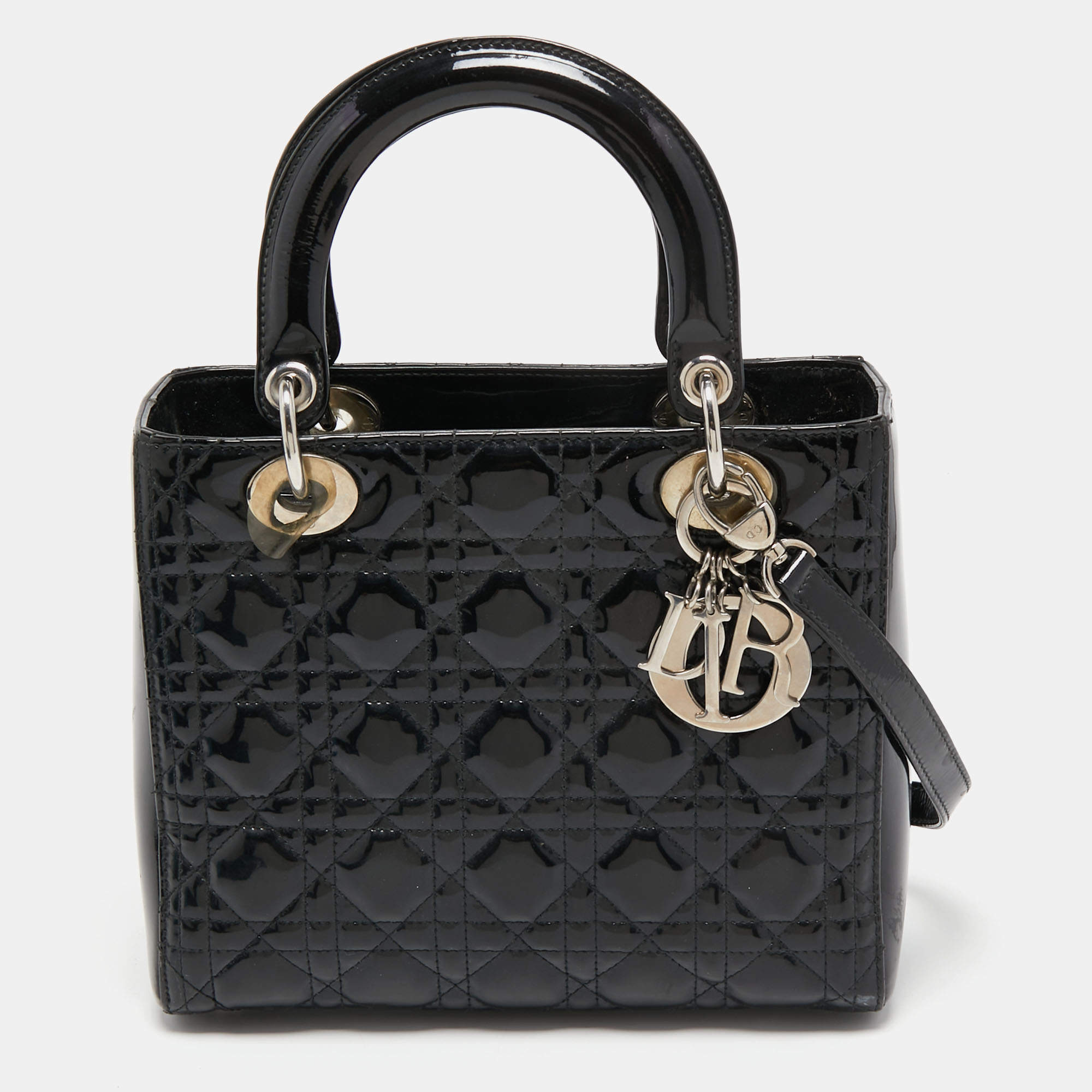 Pre Owned Dior Black Patent Leather Medium Lady Dior Tote