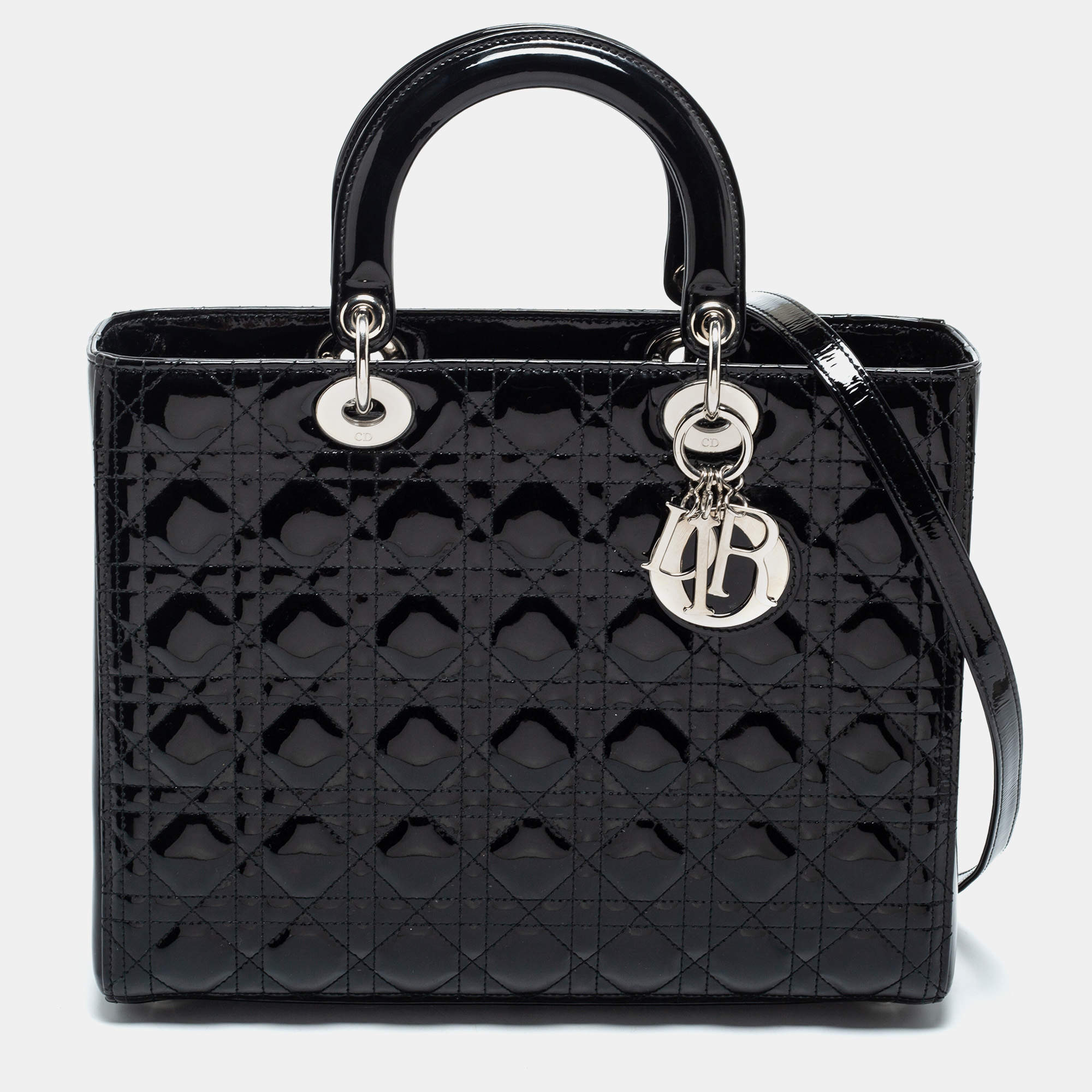 Pre Owned Dior Black Cannage Patent Leather Large Lady Dior Tote