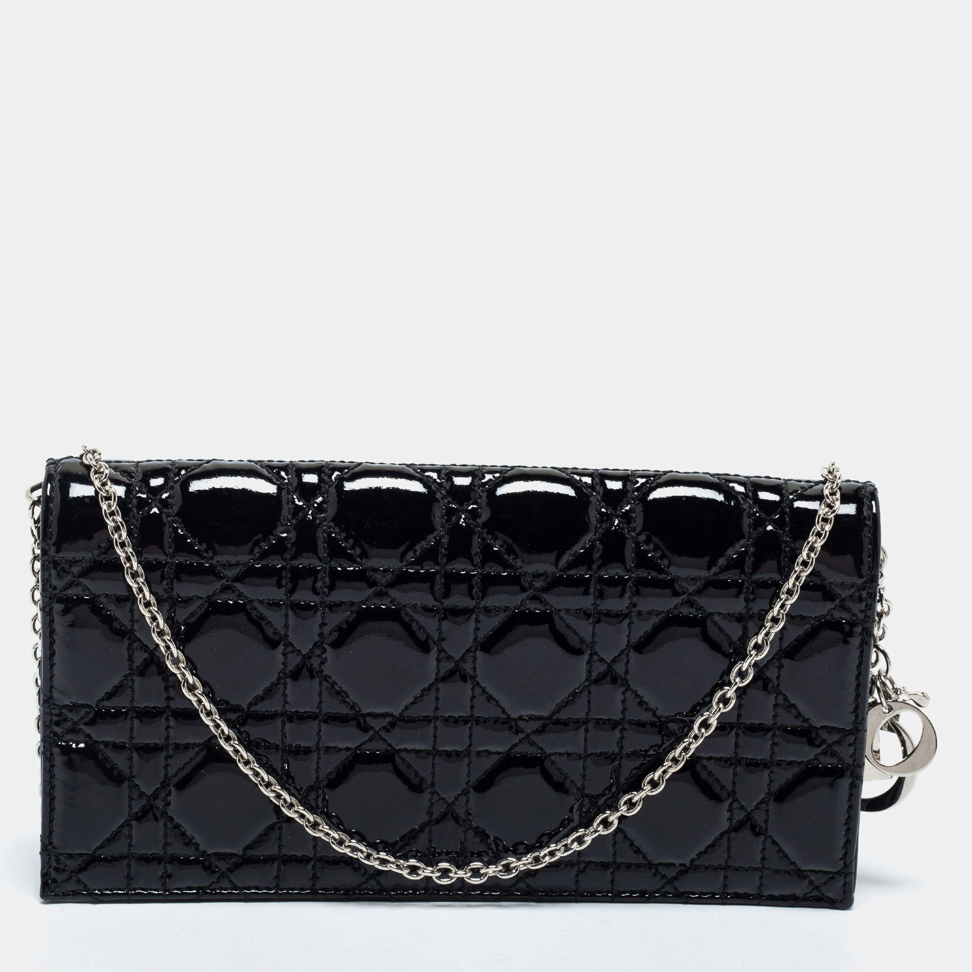 Pre Owned Dior Black Cannage Patent Leather Lady Dior Chain Clutch