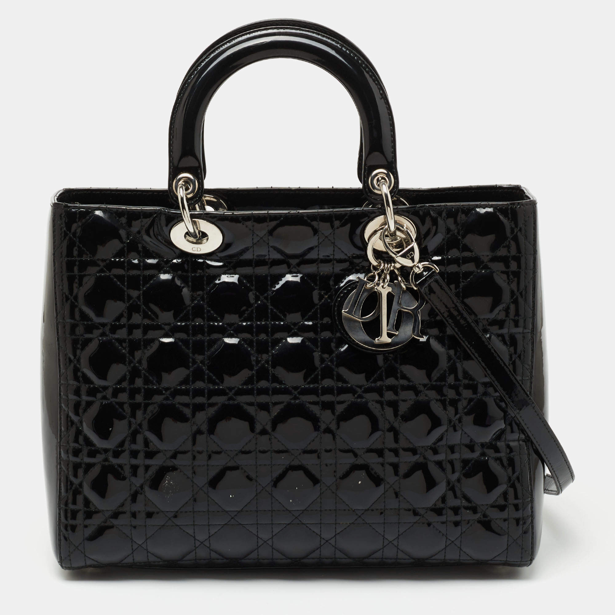 Pre Owned Dior Black Cannage Patent Leather Large Lady Dior Tote
