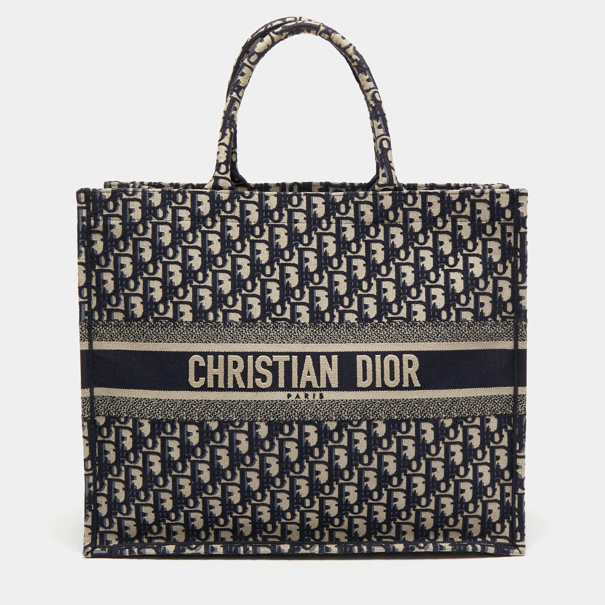 Pre Owned Dior Navy Blue Oblique Embroidery Canvas Book Tote
