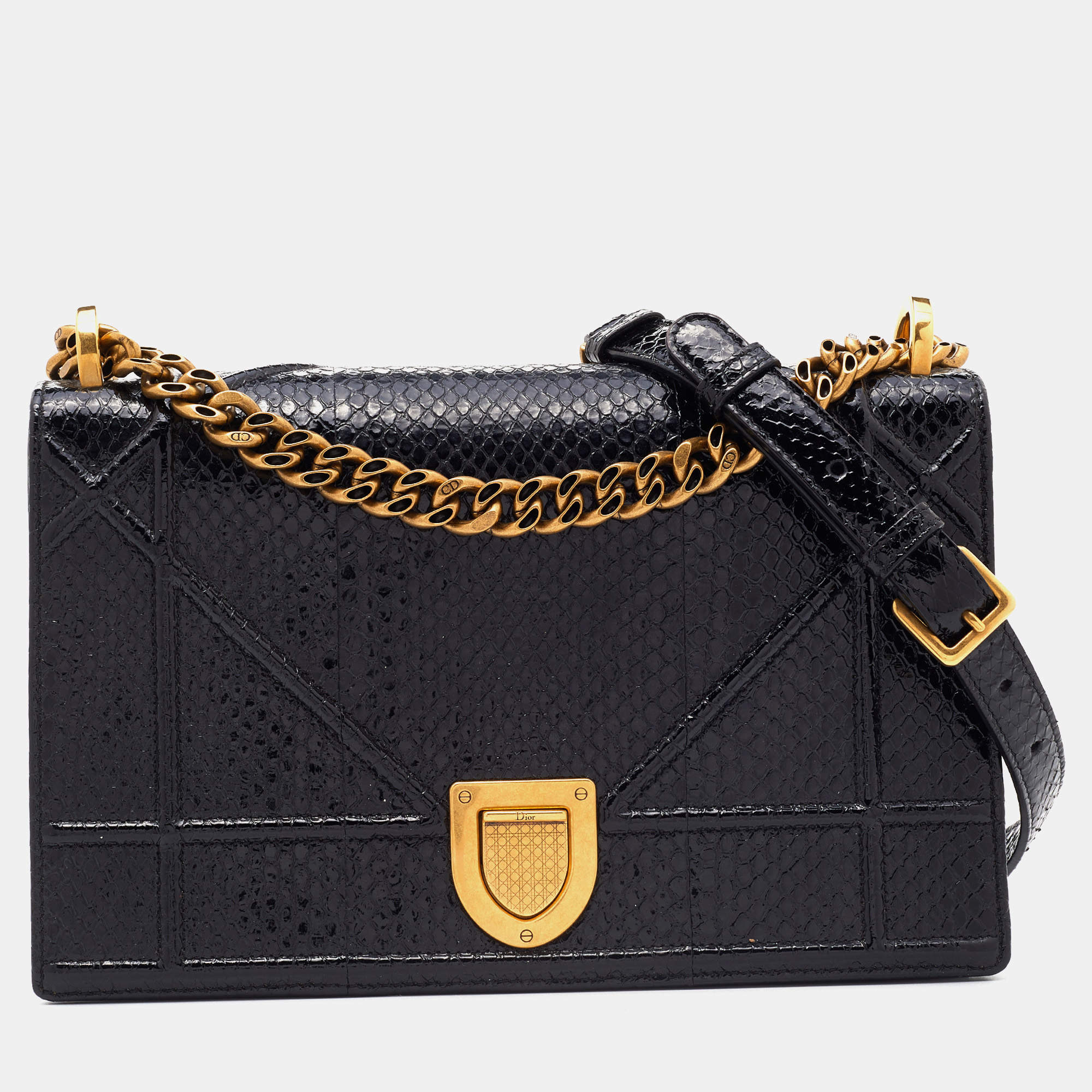 Pre Owned Dior Black Cannage Python Medium Diorama Shoulder Bag