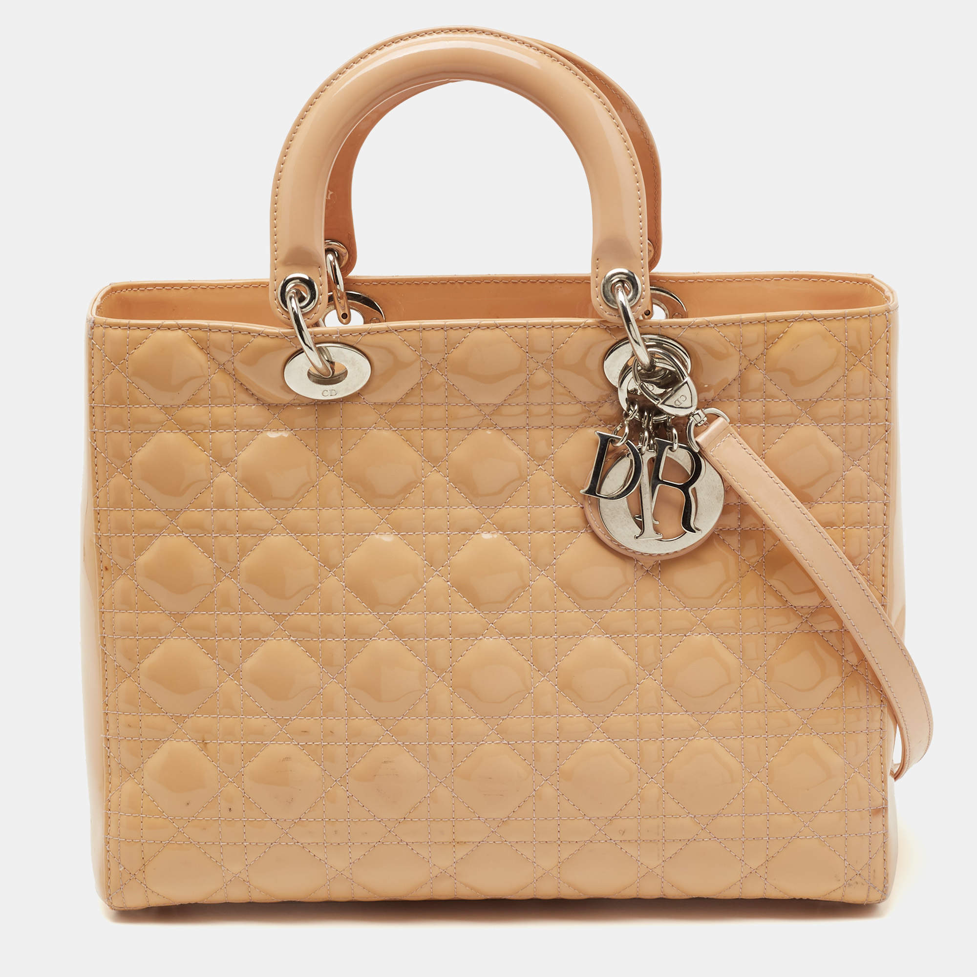 Pre Owned Dior Beige Cannage Patent Leather Large Lady Dior Tote