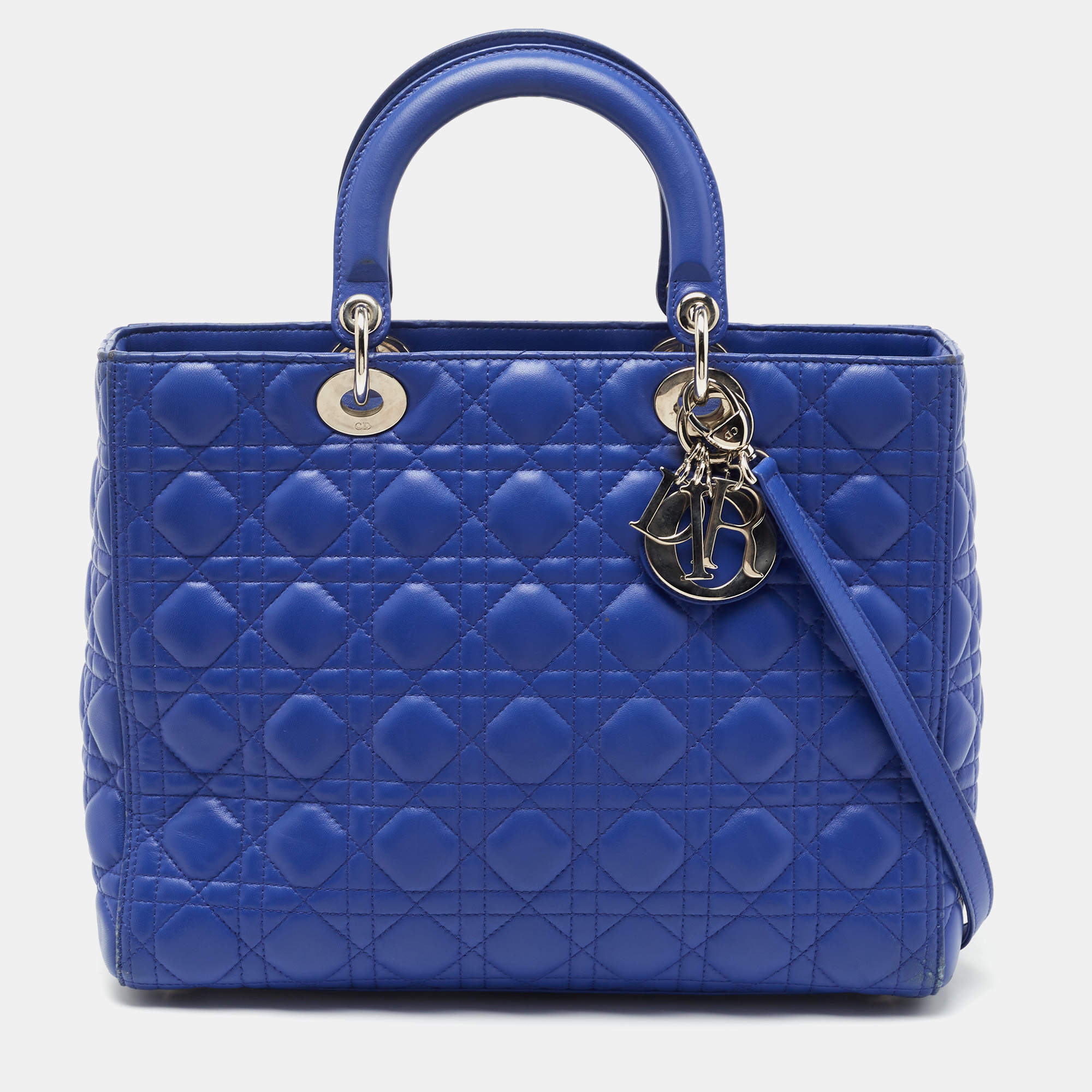 Pre Owned Dior Blue Cannage Leather Large Lady Dior Tote