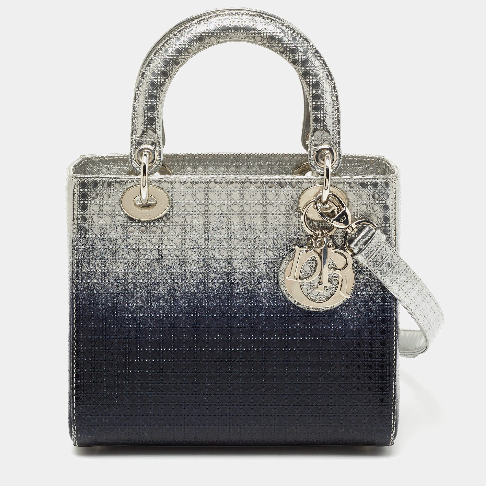 Pre Owned Dior Silver/Blue Ombre Micro Cannage Patent Leather Medium Lady Dior Tote
