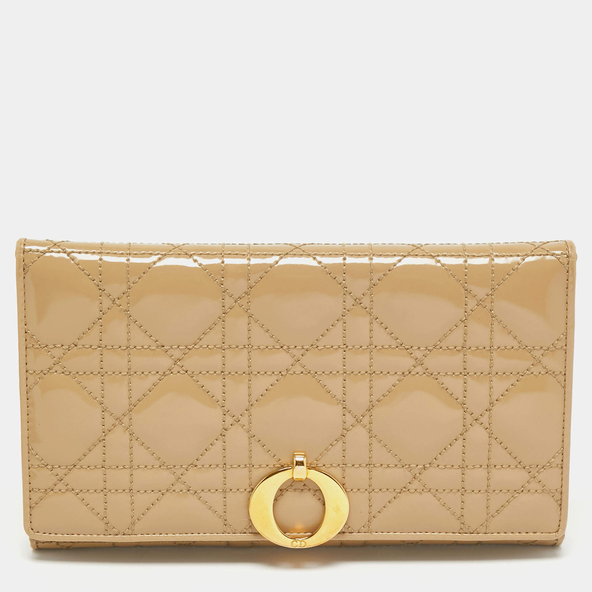 Pre Owned Dior Beige Cannage Patent Leather Continental Wallet
