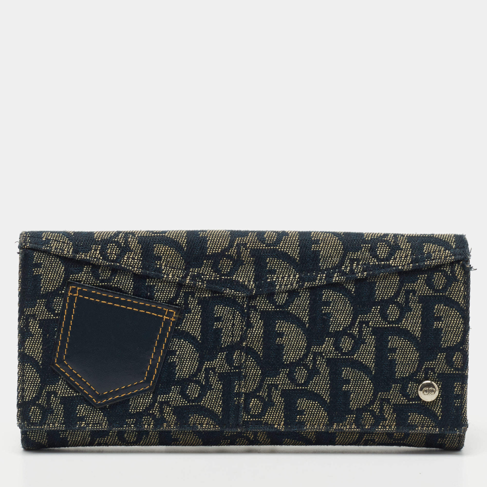 Pre Owned Dior Blue Denim Oblique Canvas and Leather Trim Continental Wallet