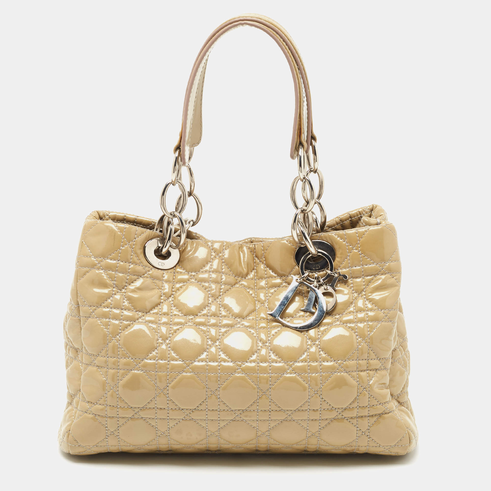 Pre Owned Dior Beige Cannage Patent Leather Small Soft Lady Dior Tote