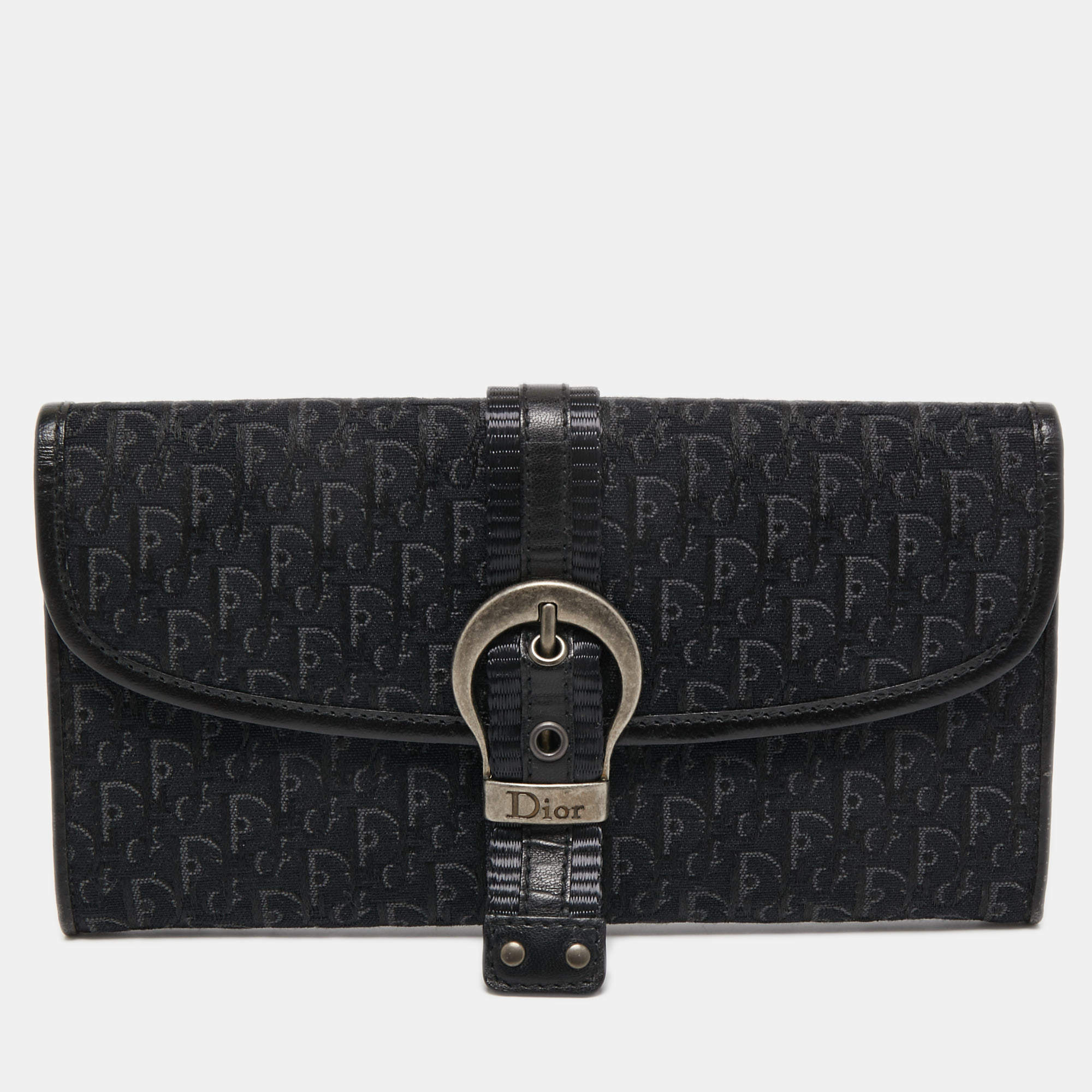 Pre Owned Dior Black Oblique Canvas and Leather Continental Wallet