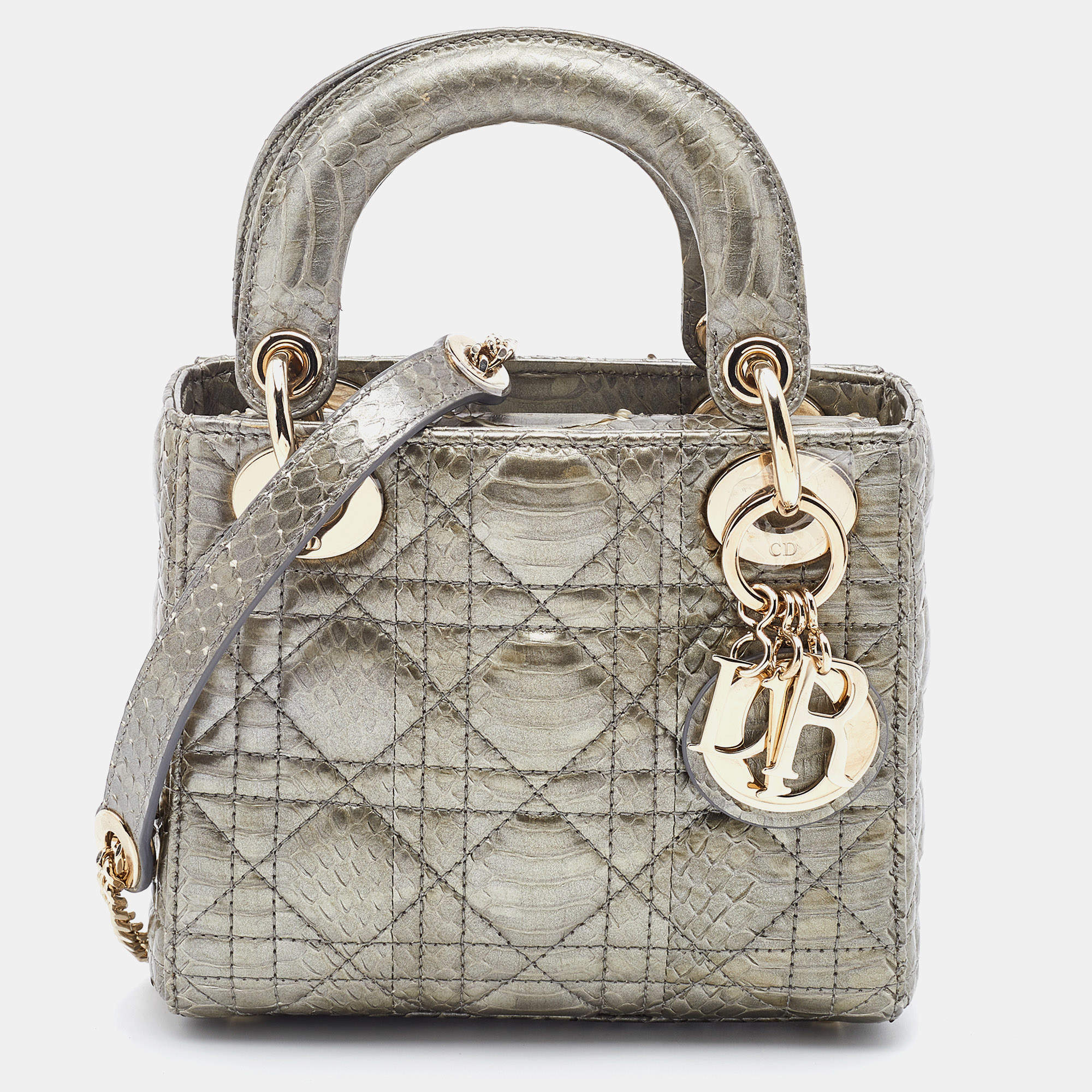 Pre Owned Dior Metallic Grey Python Leather Mini Lady Dior Tote