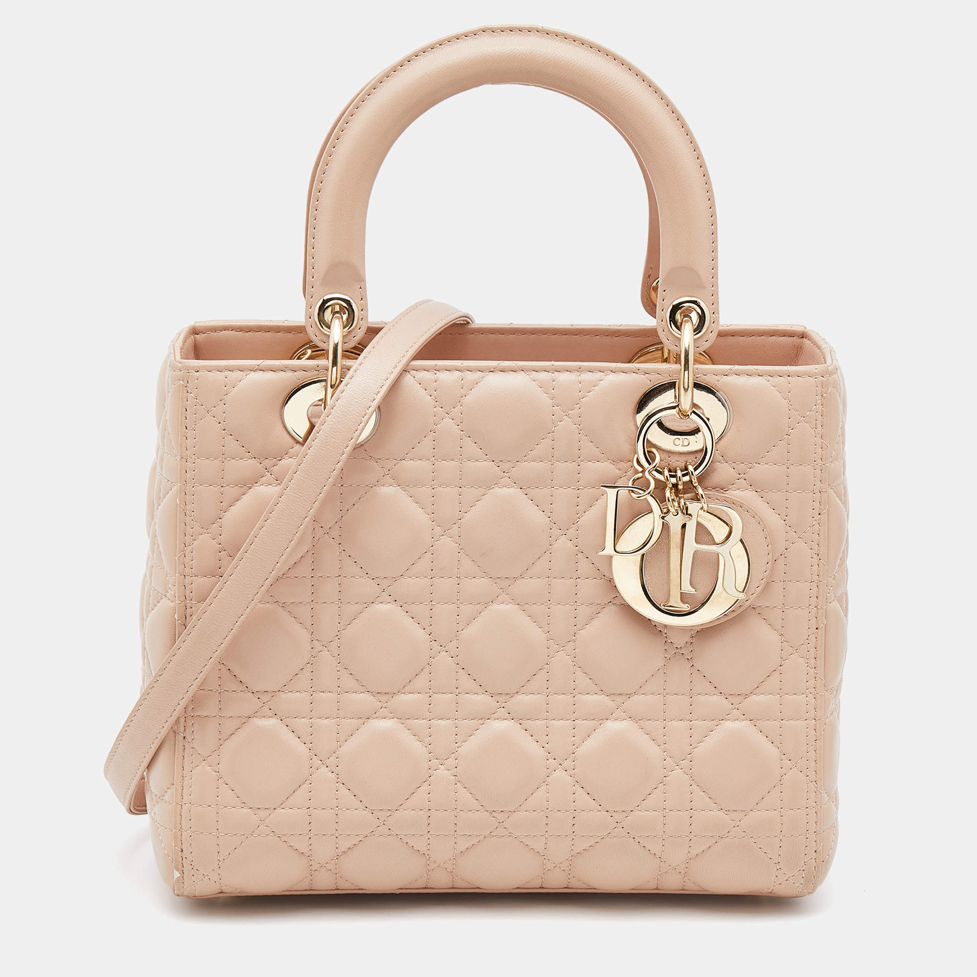 Pre Owned Dior Beige Cannage Leather Medium Lady Dior Tote