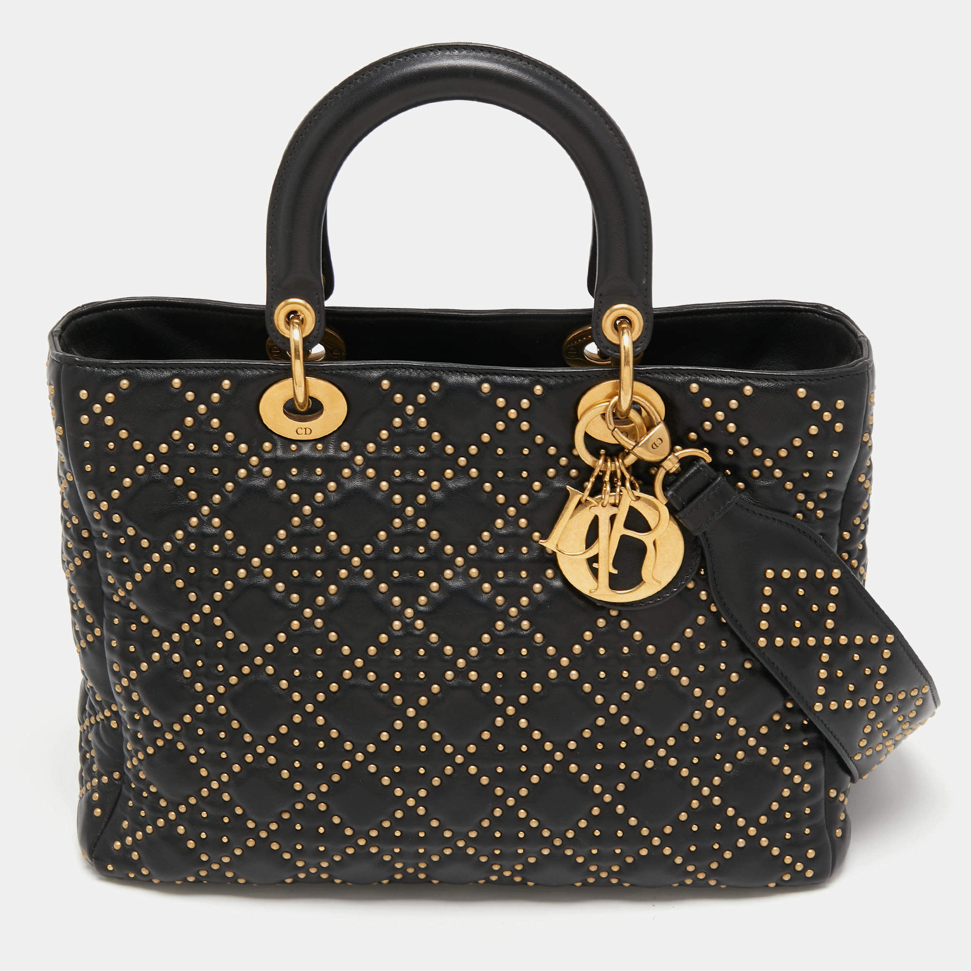 Dior Black Studded Cannage Leather Supple Lady Dior Tote