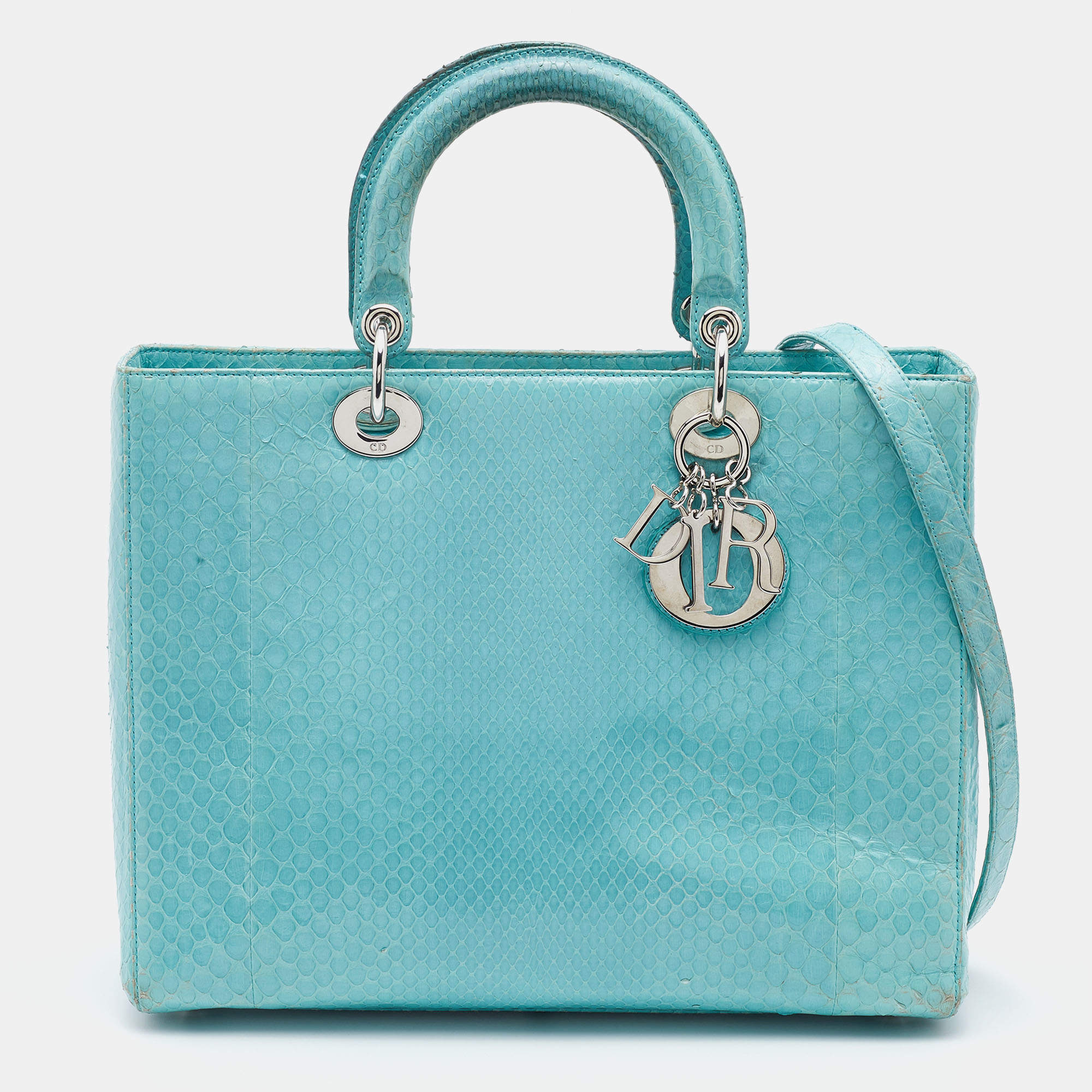 Pre Owned Dior Light Blue Python Leather Large Lady Dior Tote