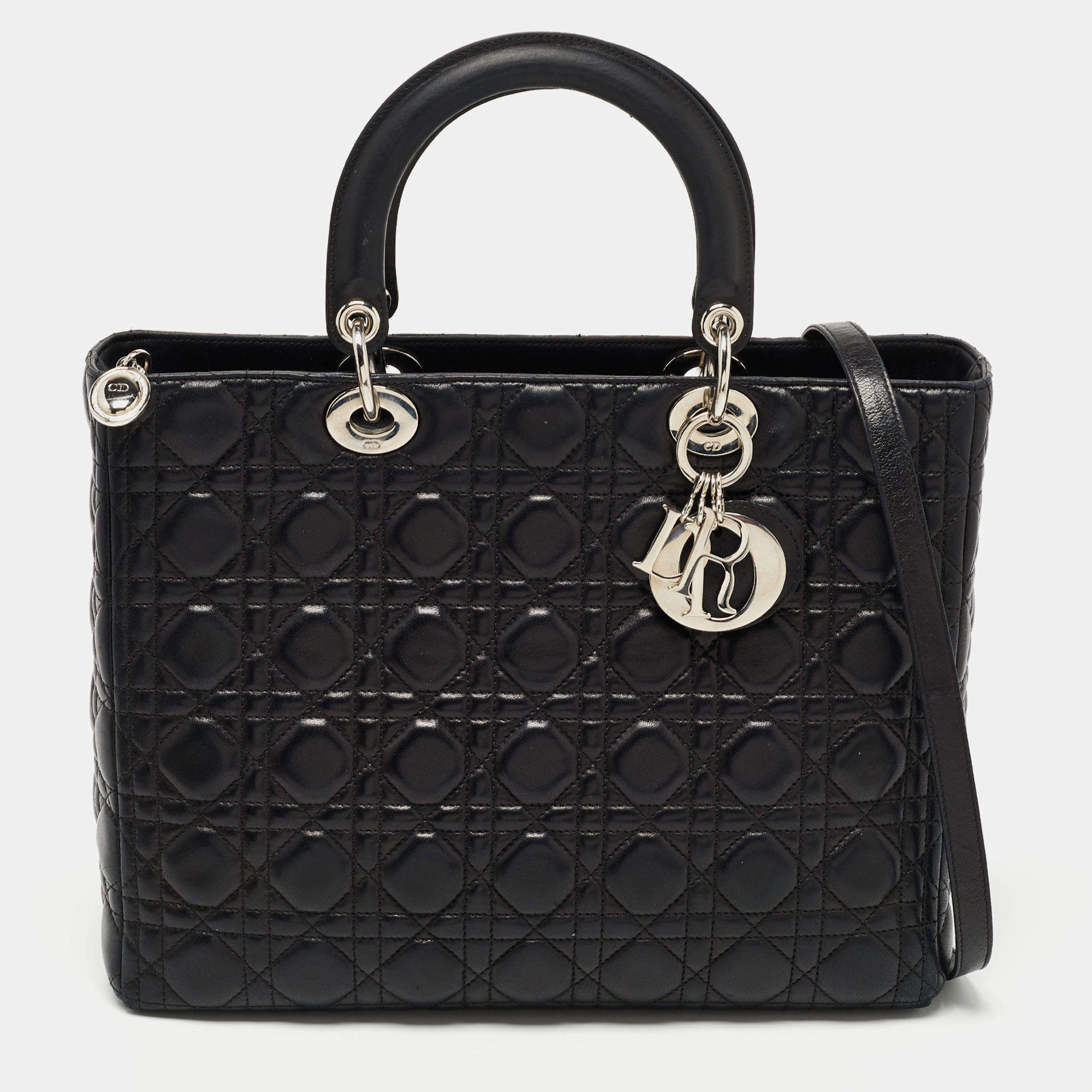 Pre Owned Dior Black Cannage Leather Large Lady Dior Tote